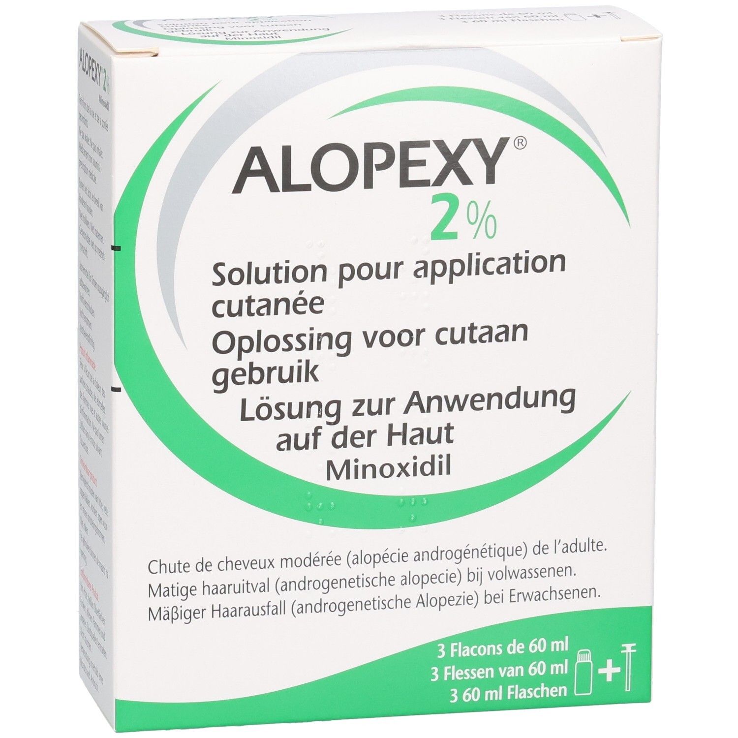 Alopexy 2% Minoxidil Oplossing voor cutaan gebruik. Bevat 3 flacons van 60 ml.