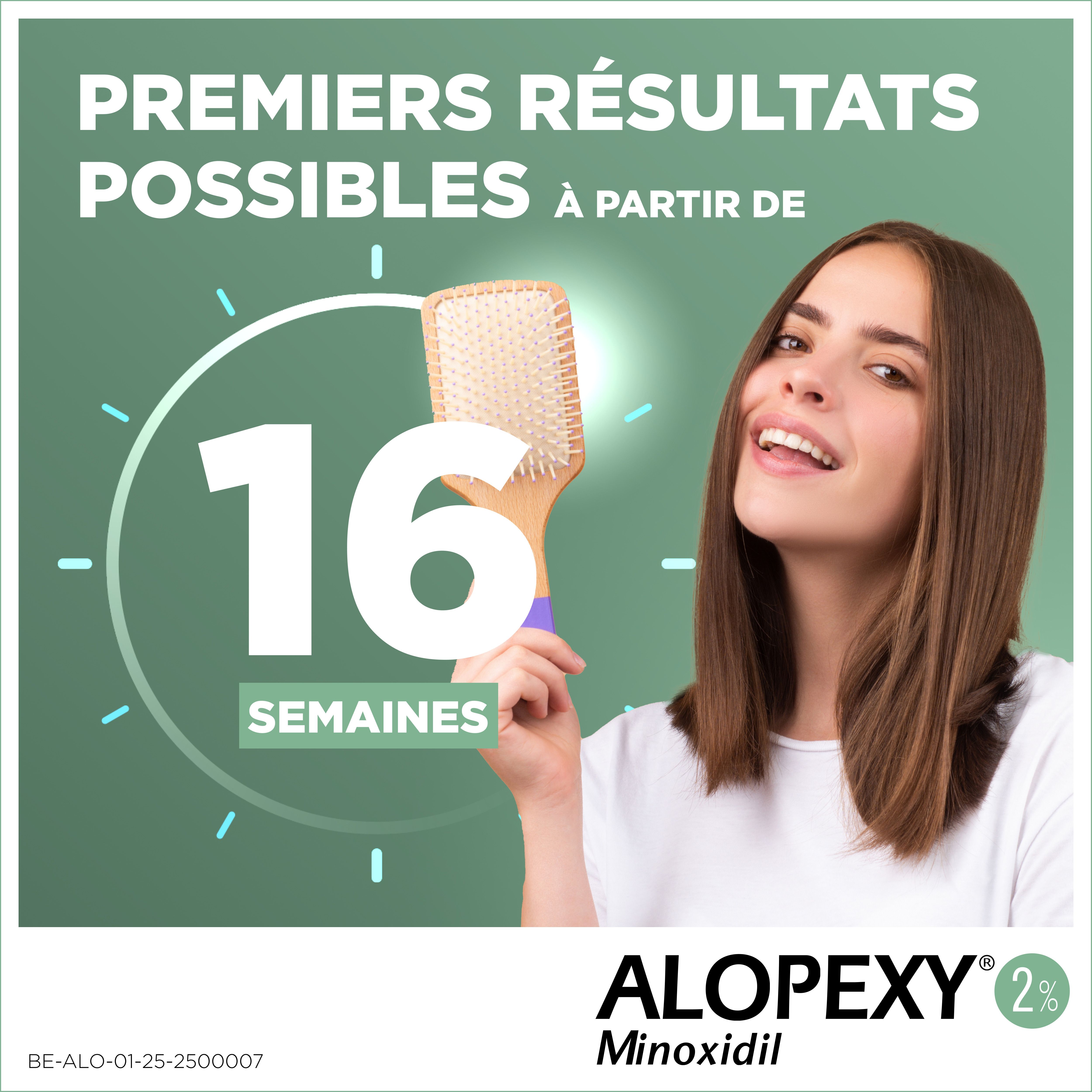 Alopexy 2% Minoxidil: Premiers résultats possibles à partir de 16 semaines. Femme avec brosse.