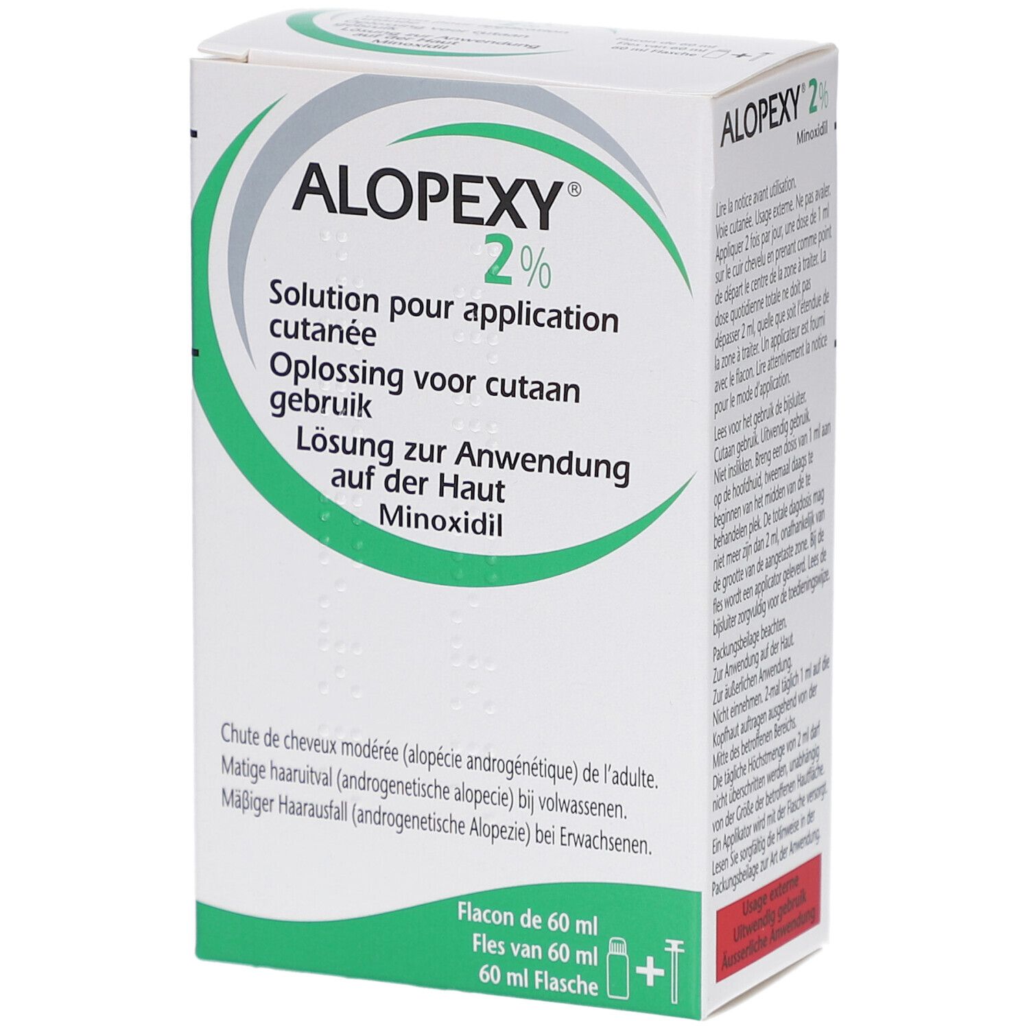Boîte Alopexy 2 %. Textes en allemand, français, néerlandais. Flacon de 60 ml.
