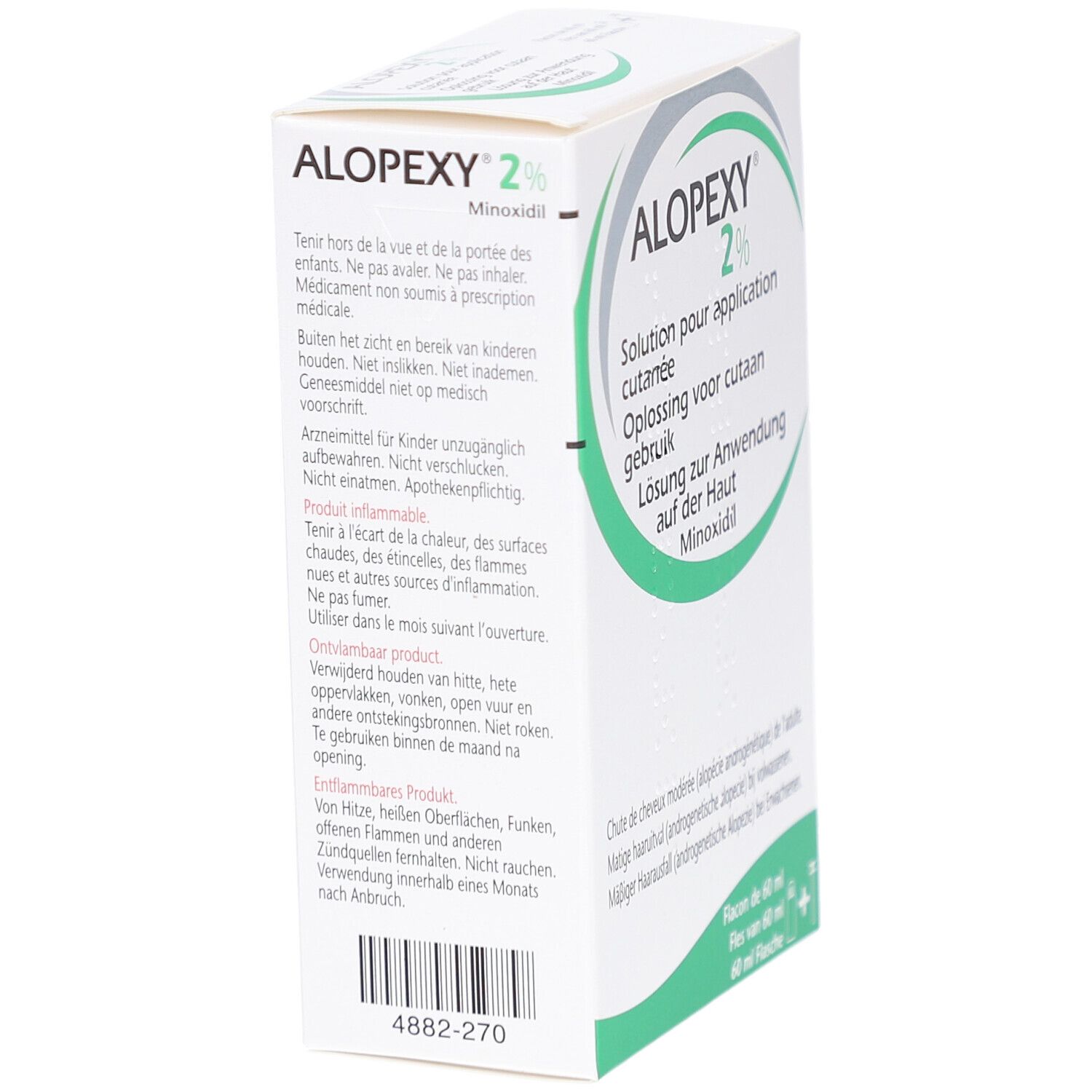 Dos de la boîte Alopexy 2 %. Textes multilingues. Avertissements et code-barres.