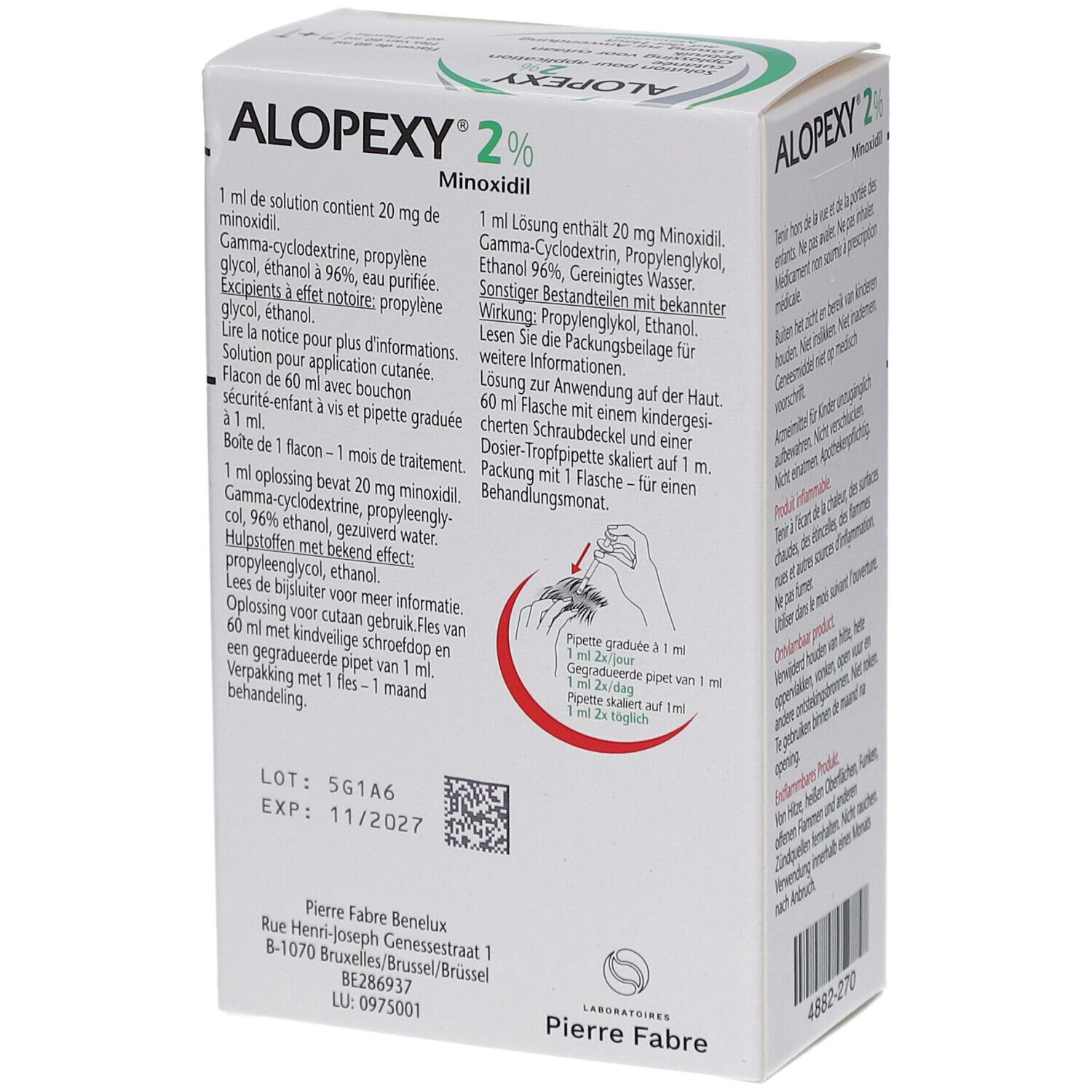 Dos de la boîte Alopexy 2 %. Ingrédients, instructions d'utilisation, adresse du fabricant.