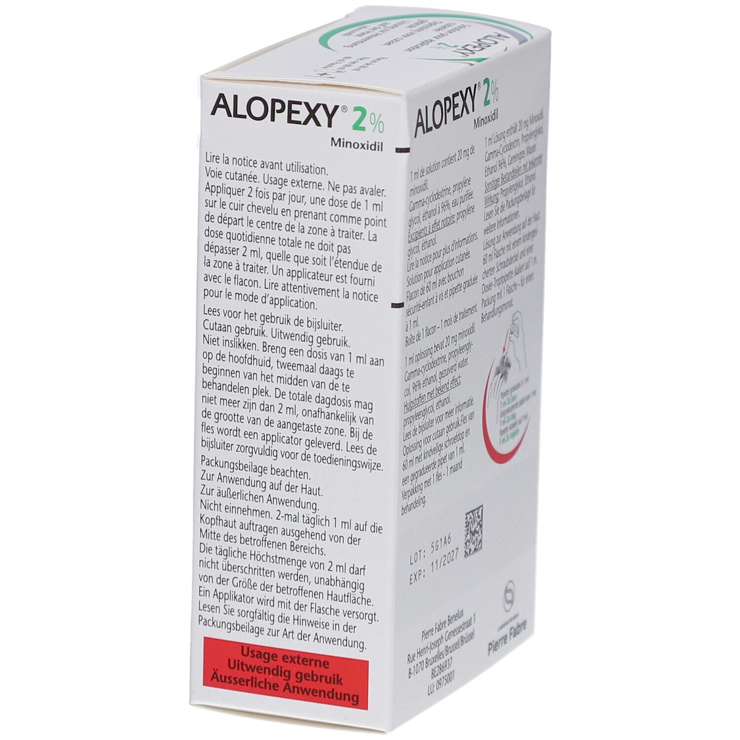 Dos de la boîte Alopexy 2 %. Instructions d'utilisation, avertissements, texte multilingue.