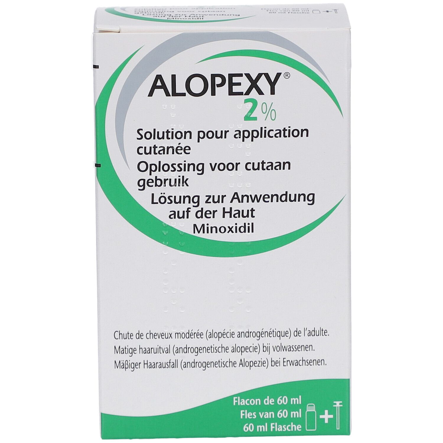 Boîte Alopexy 2 %. Textes en allemand, français, néerlandais. Flacon de 60 ml.