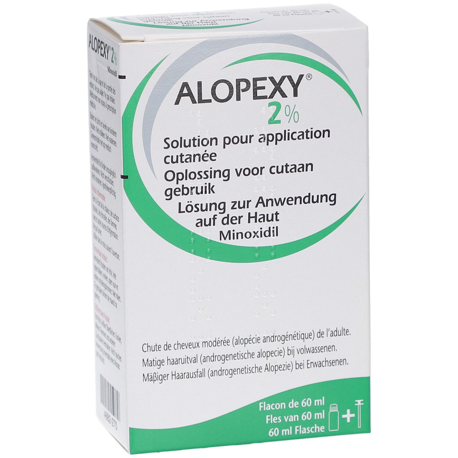 Boîte Alopexy 2 %. Textes en allemand, français, néerlandais. Flacon de 60 ml.