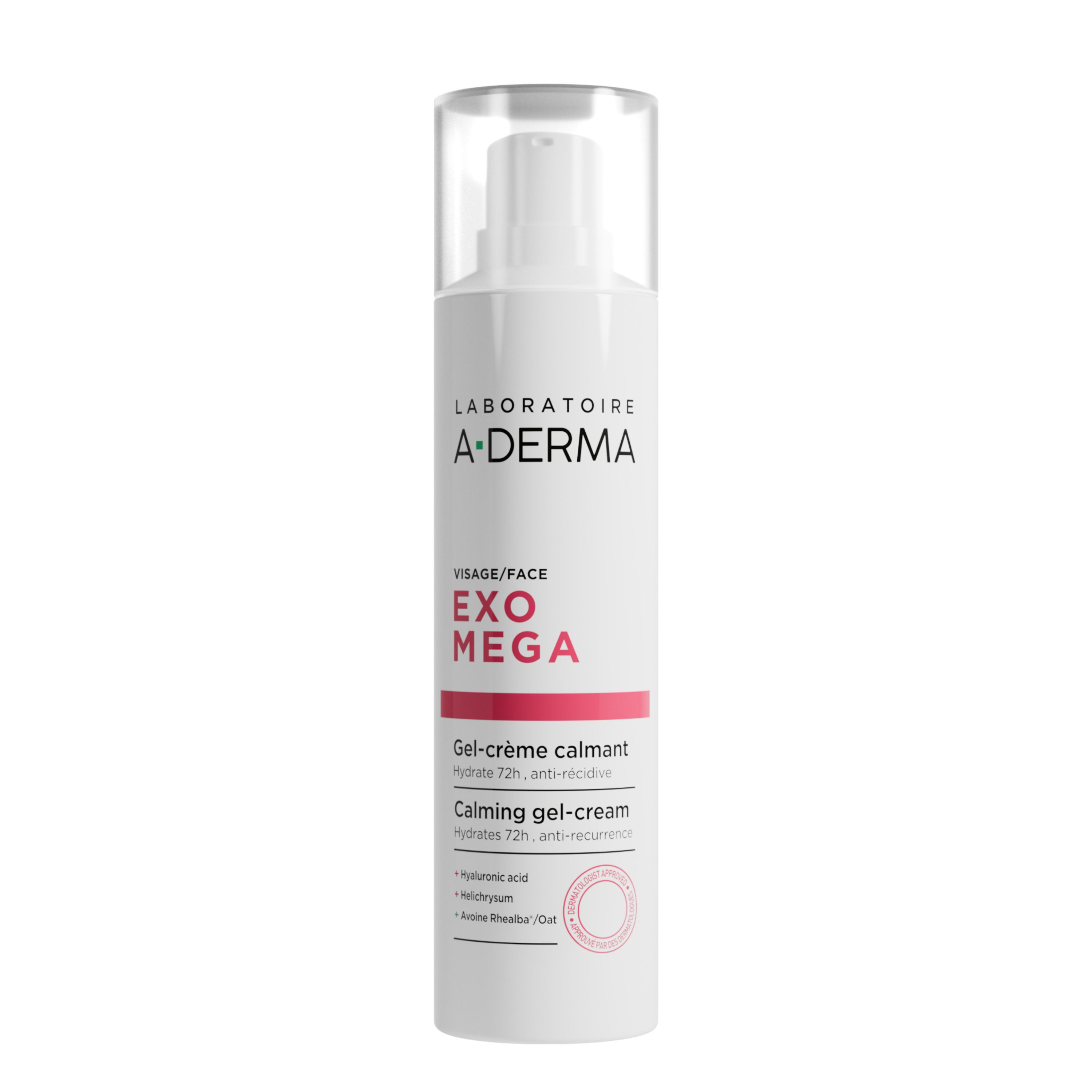 A-Derma Exomega Visage kalmerende gel-crème in witte pompfles met transparante dop.