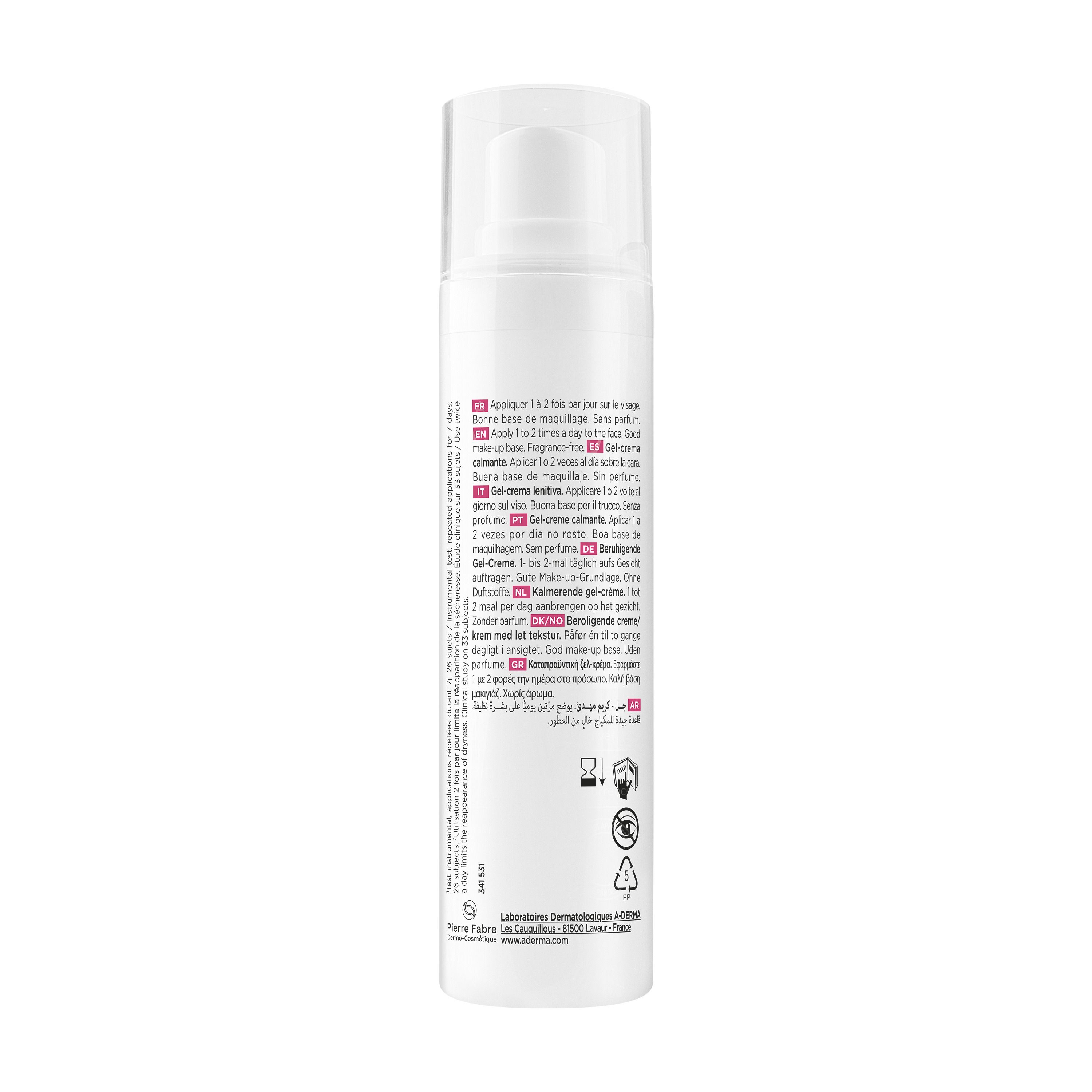 Achterkant van de A-Derma Exomega Visage gel-crème fles met gebruiksaanwijzing en symbolen.