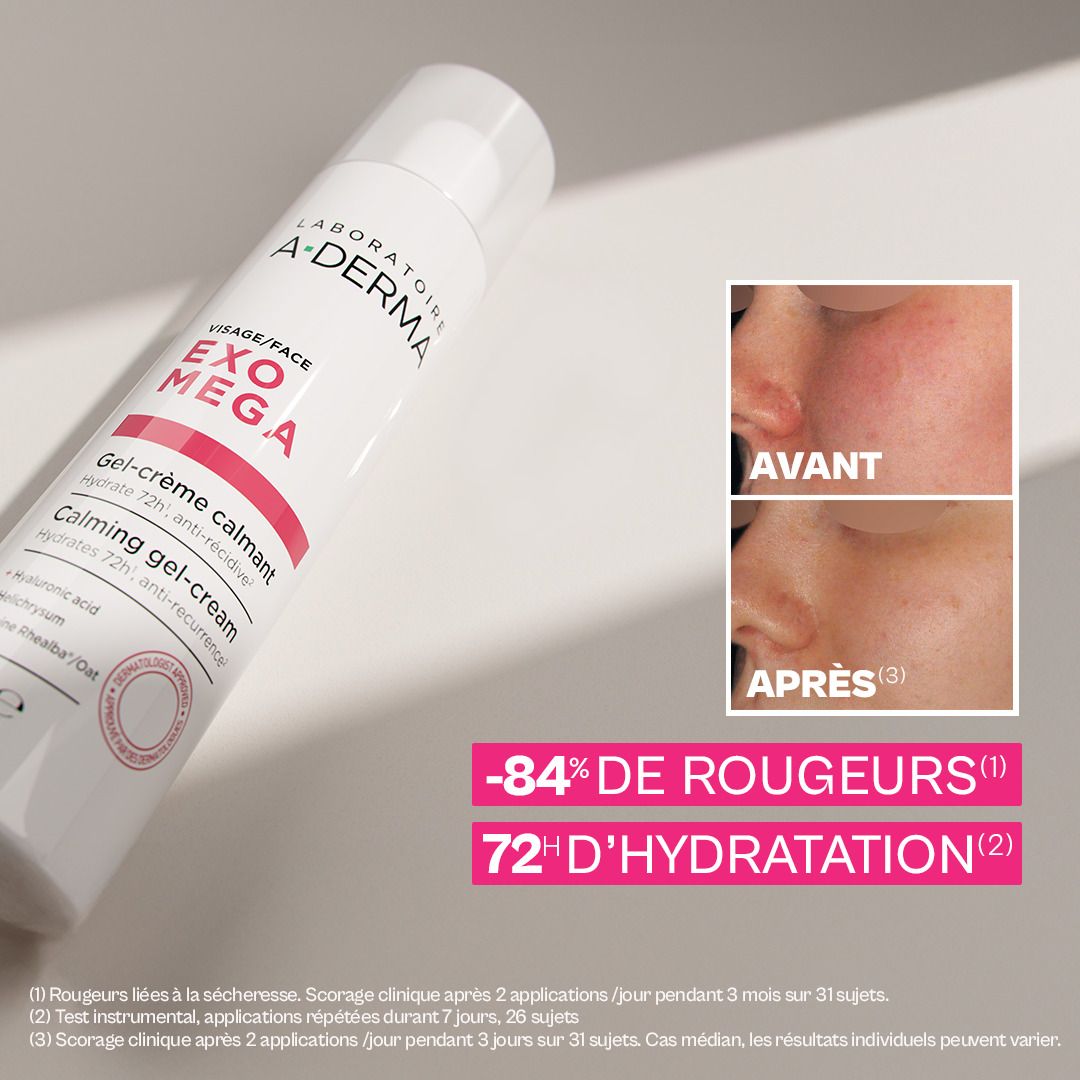 Côté de l'emballage du gel-crème A-Derma Exomega Visage avec instructions multilingues.