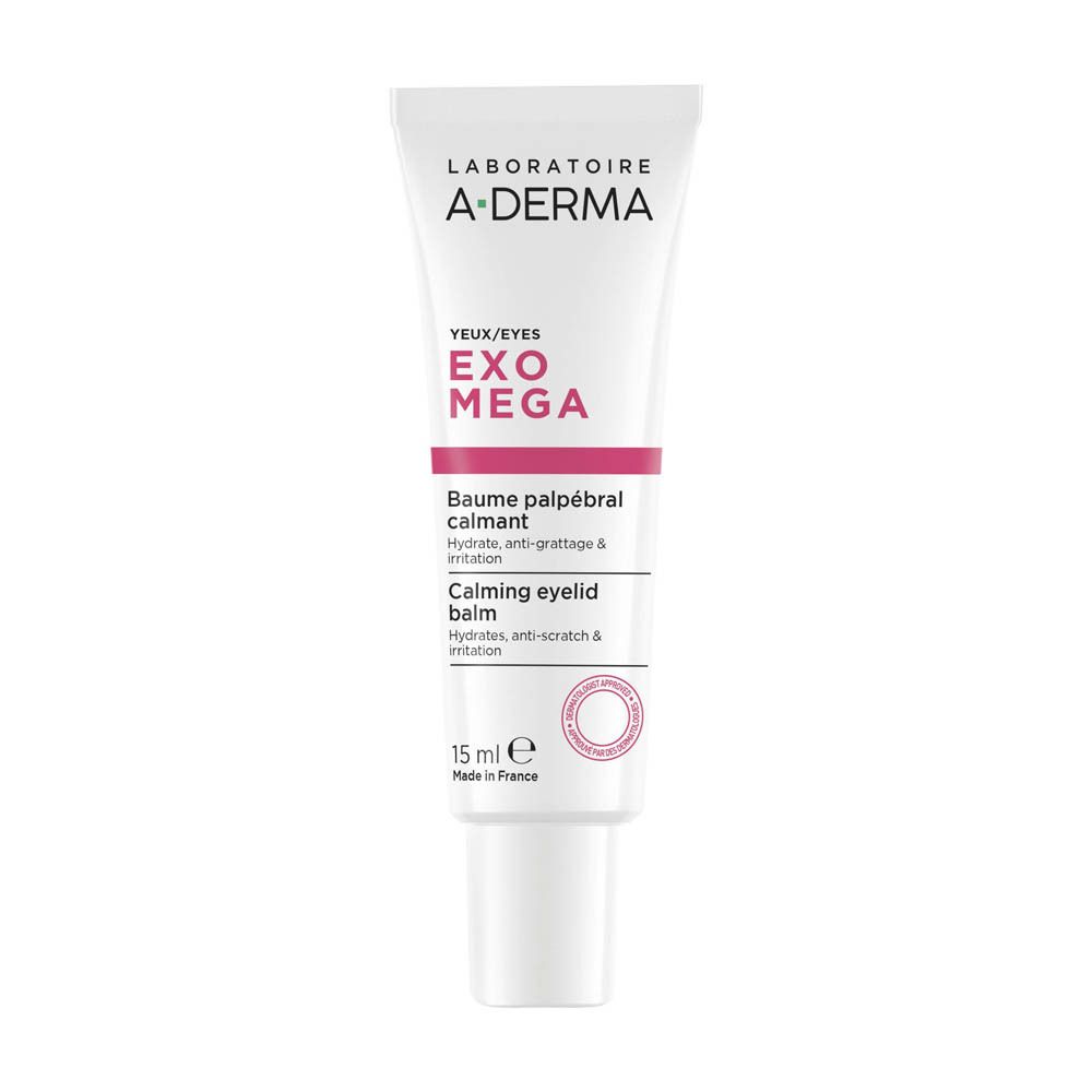 Tube A-Derma Exomega. Texte: Yeux/Eyes, Baume palpébral calmant. Inscription 15 ml.
