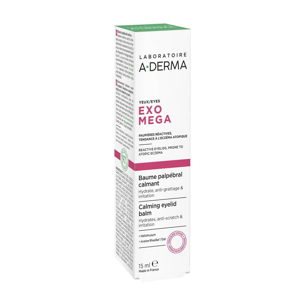 A-Derma Exomega tube en verpakking. Tekst: Ogen/Eyes, Baume palpébral calmant. 15 ml.