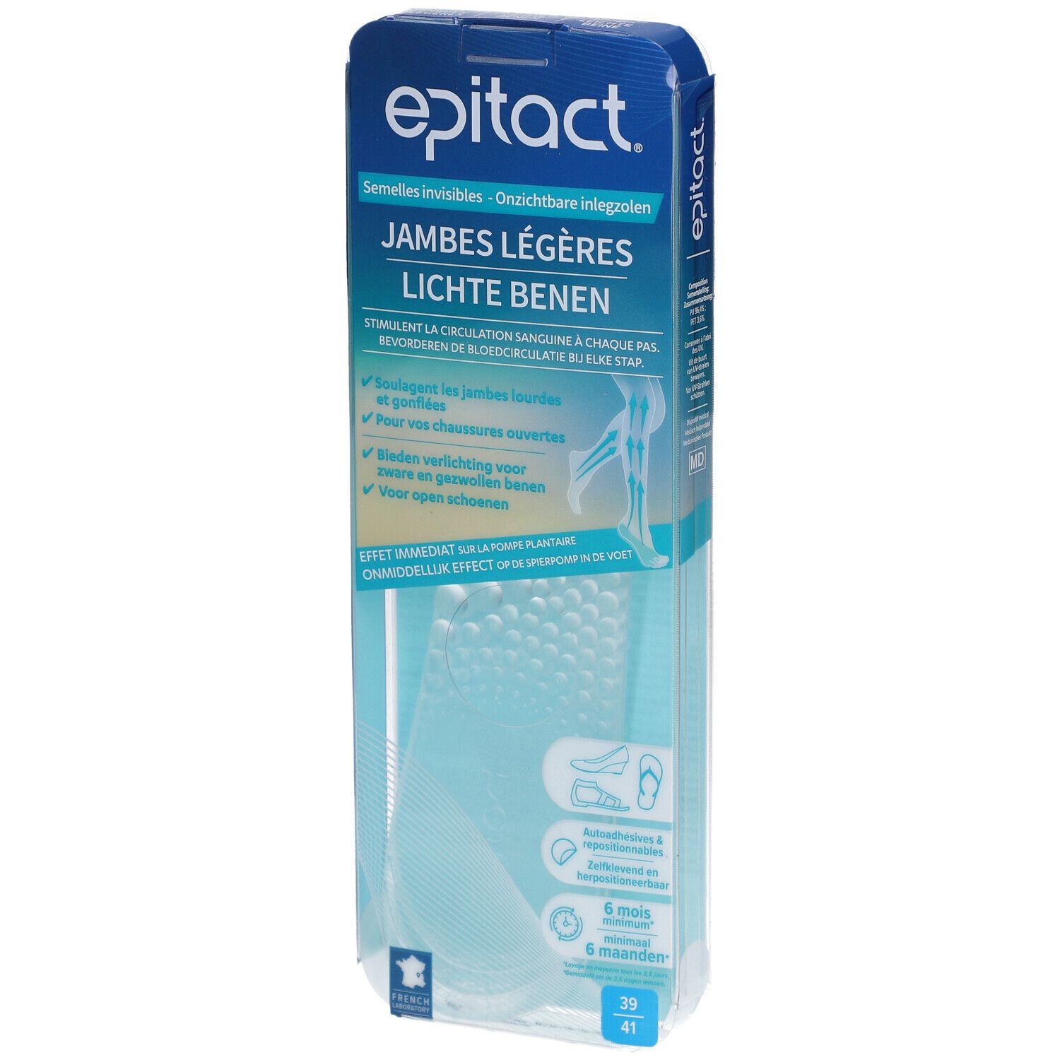 Emballage d'epitact® semelles. Texte: Jambes légères, Lichte benen. Taille 39-41. Forme du produit visible.