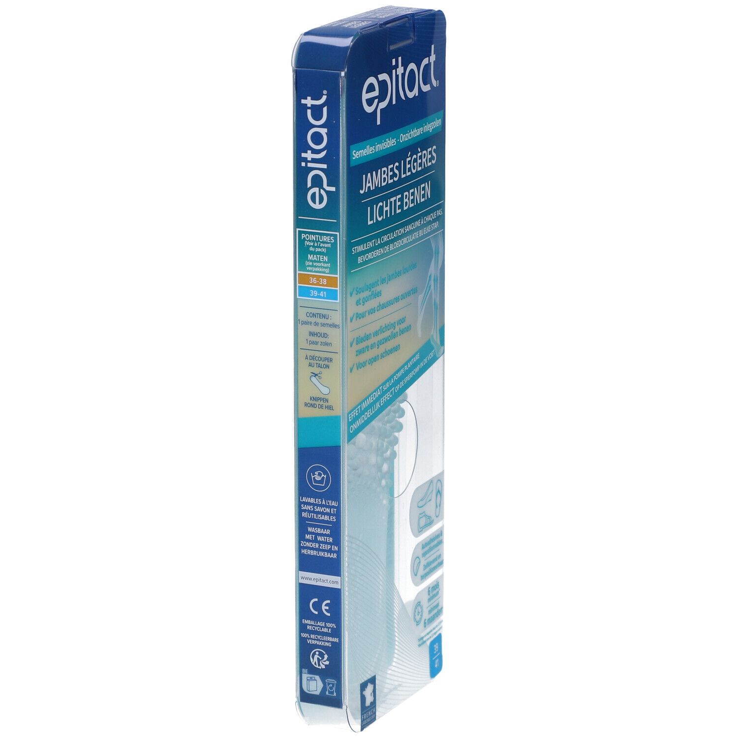 Vue latérale de l'emballage epitact®. Texte: Jambes légères, Lichte benen. Taille 39-41. Marquage CE.
