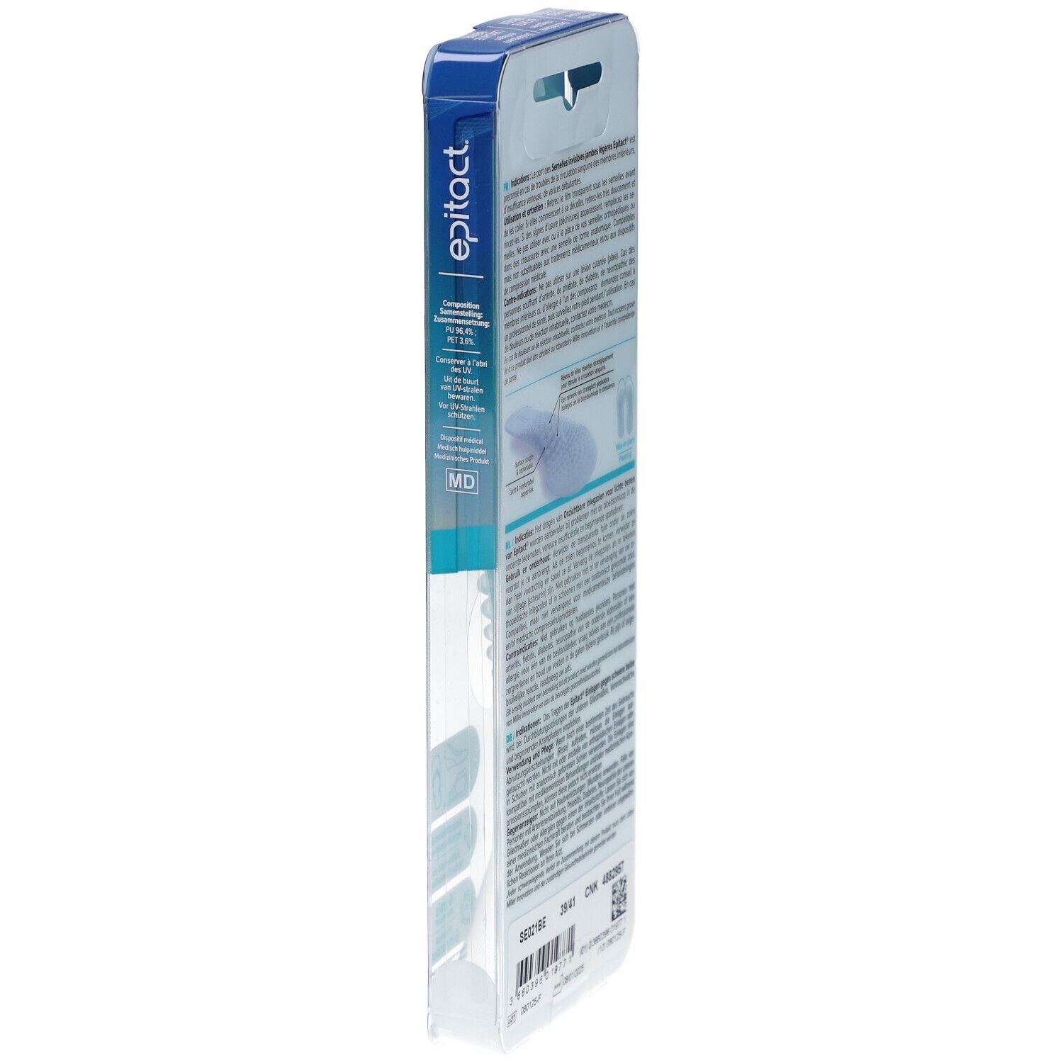 Vue latérale de l'emballage epitact®. Texte et informations. Taille 39-41. Marquage MD.