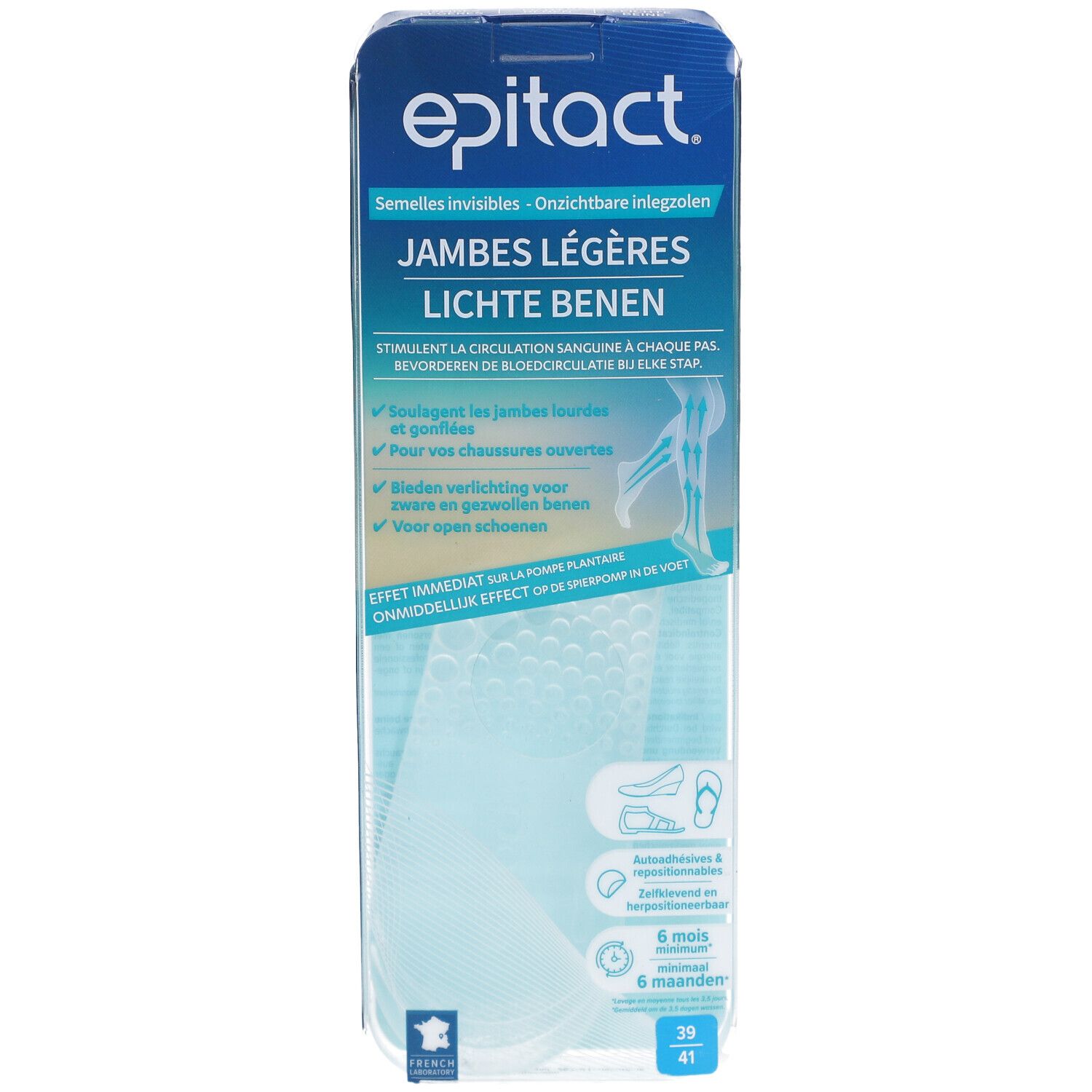 Emballage epitact®. Texte: Jambes légères, Lichte benen. Taille 39-41. Forme du produit visible.