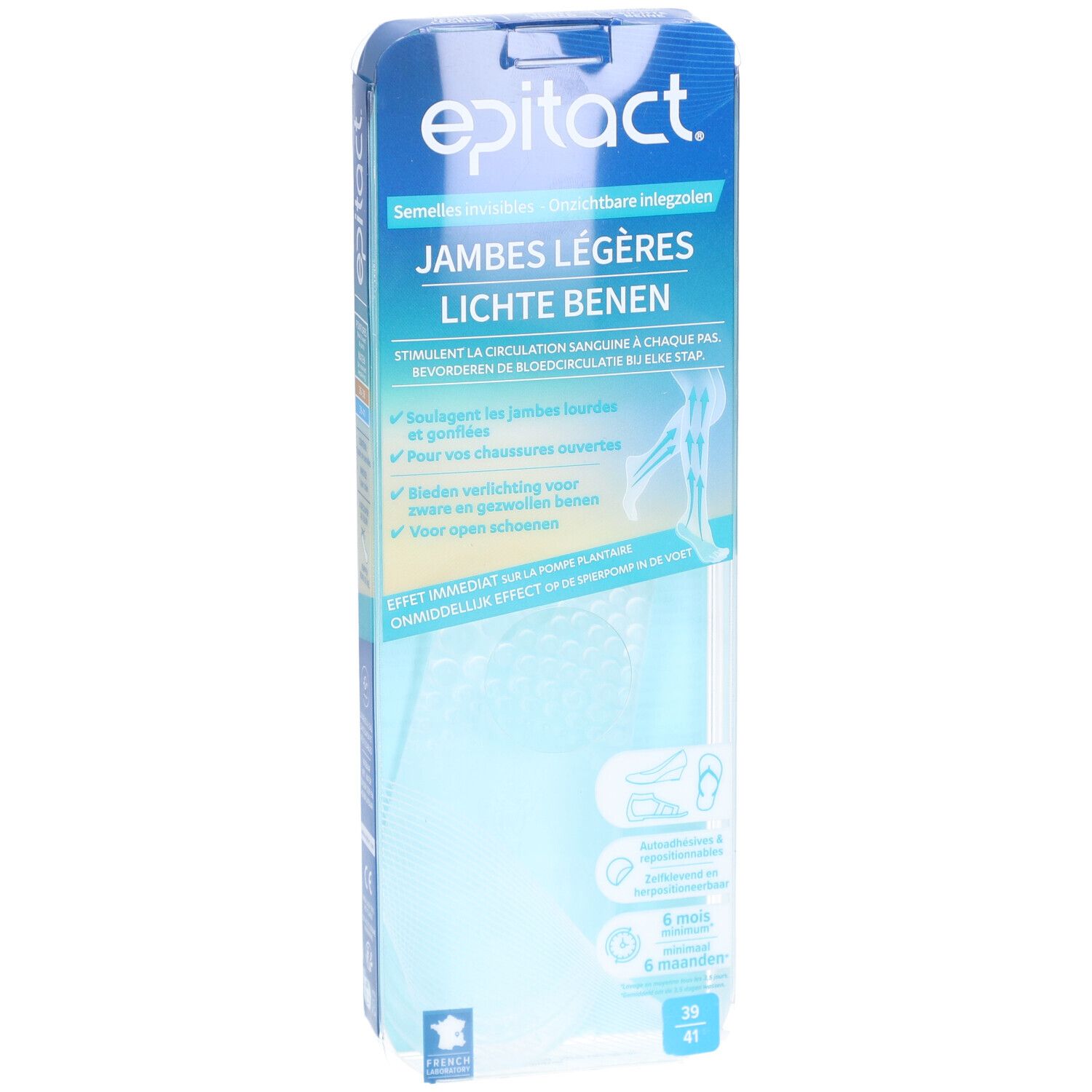 Emballage epitact®. Texte: Jambes légères, Lichte benen. Taille 39-41. Forme du produit visible.