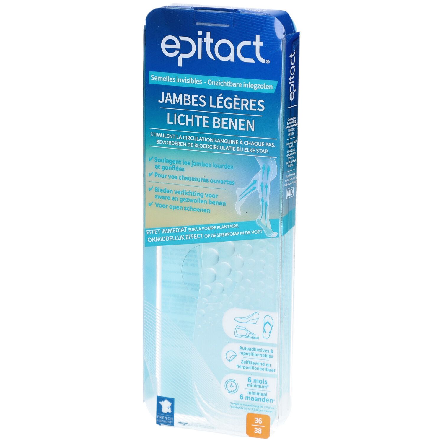 Emballage d'epitact® semelles invisibles. Texte: Jambes légères, Lichte benen. Taille 36-38. Semelles visibles.
