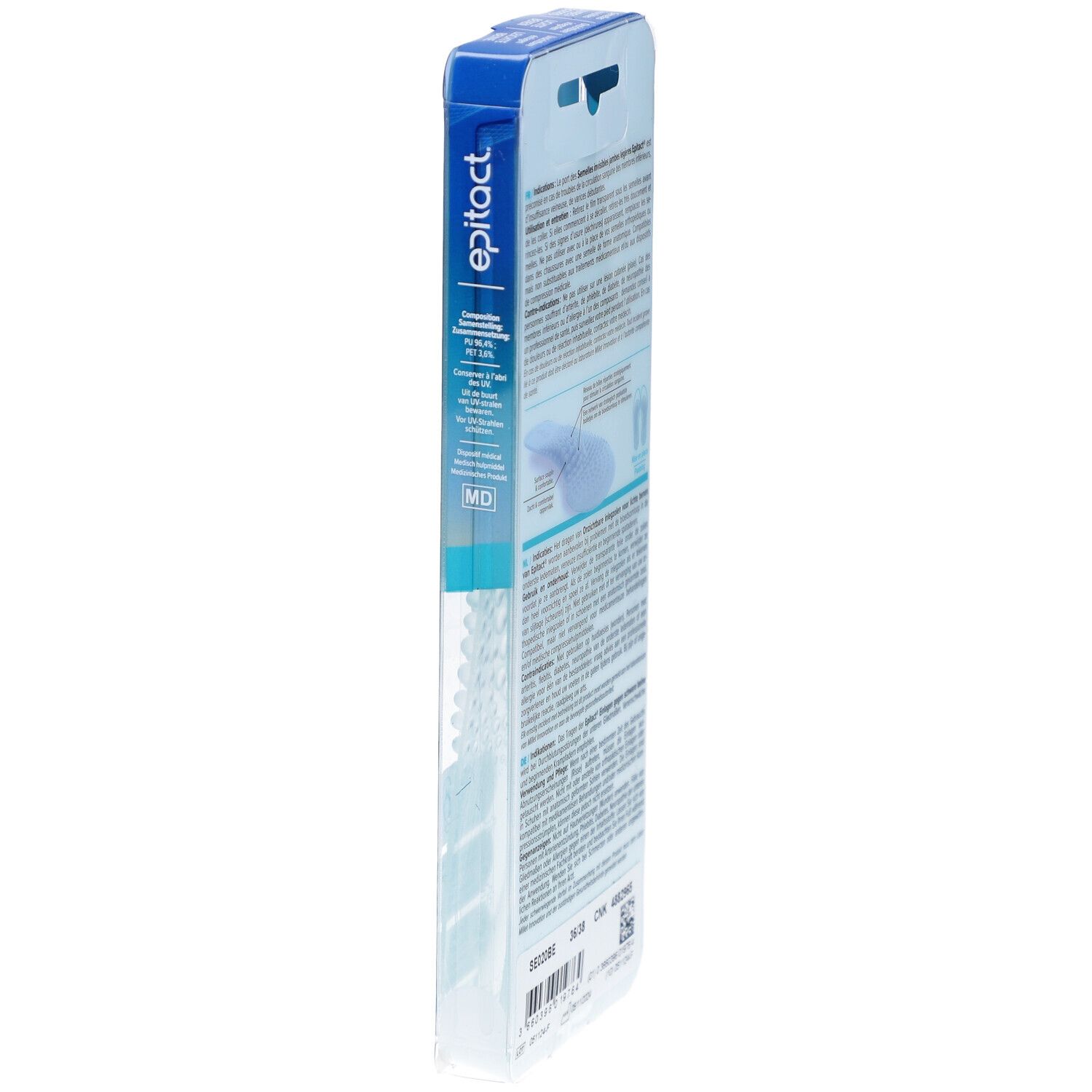 Vue latérale de l'emballage epitact®. Texte: Jambes légères, Lichte benen. Mode d'emploi. Taille 36/38. Informations produit.