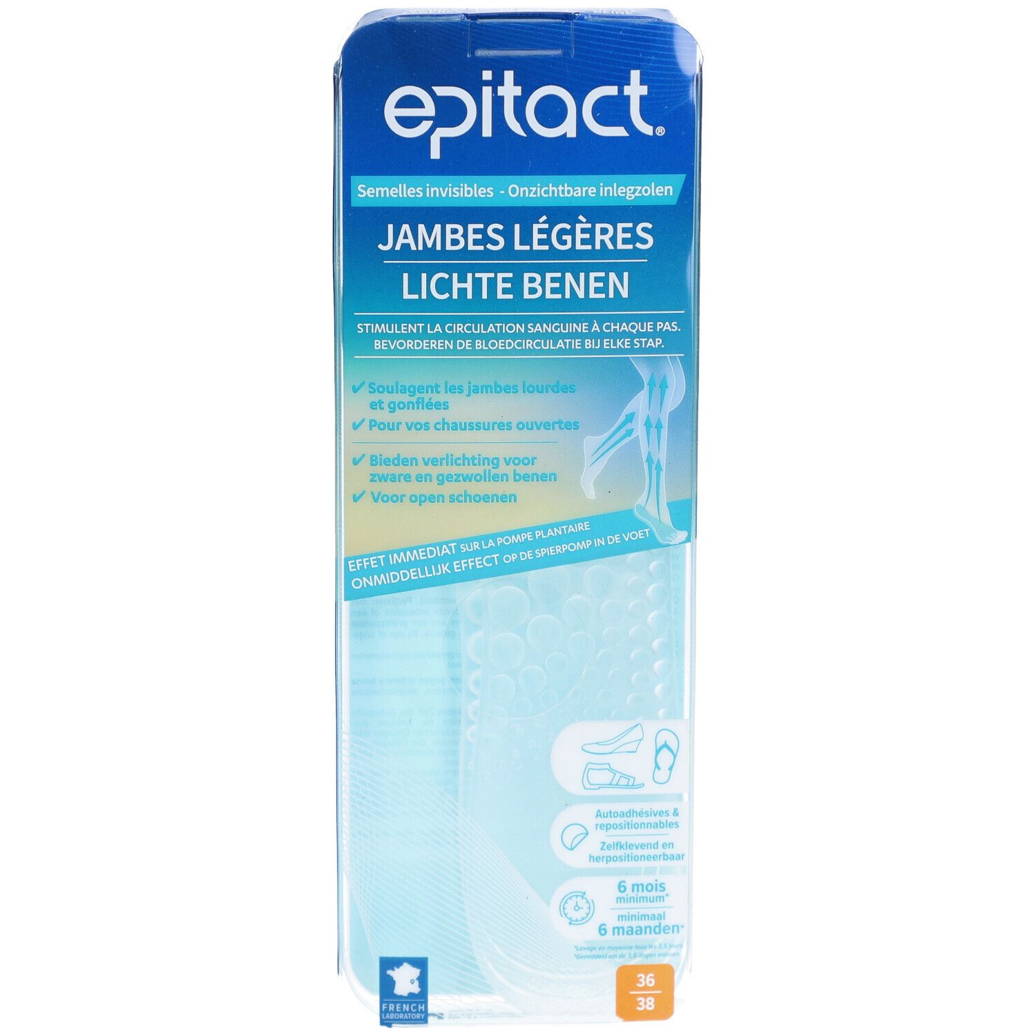 Emballage d'epitact® semelles invisibles. Texte: Jambes légères, Lichte benen. Taille 36-38. Semelles visibles.