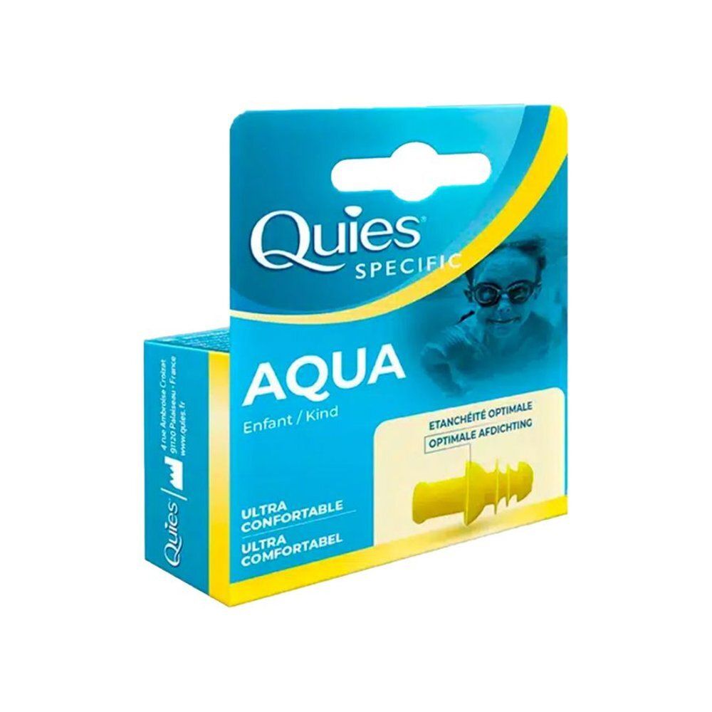 Boîte de protections auditives Quies Aqua. Texte: Aqua, pour enfants, étanchéité optimale, ultra confortable.