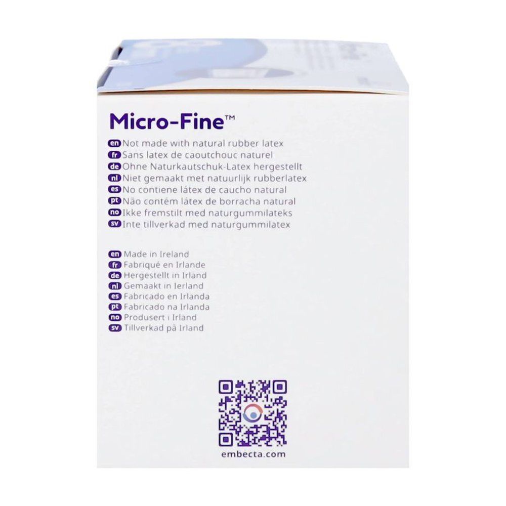 Dos de la boîte. Texte 'Micro-Fine'. Texte multilingue: 'Sans latex de caoutchouc naturel'. Code QR et logo.