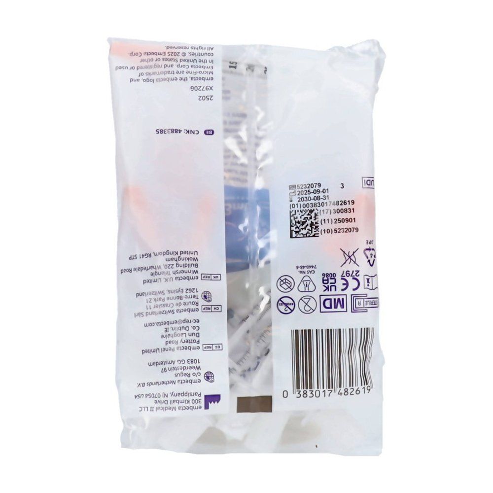 Verpakking van insulinespuiten, 0,3ml, 30g, 8mm. Met CE- en MD-symbolen.