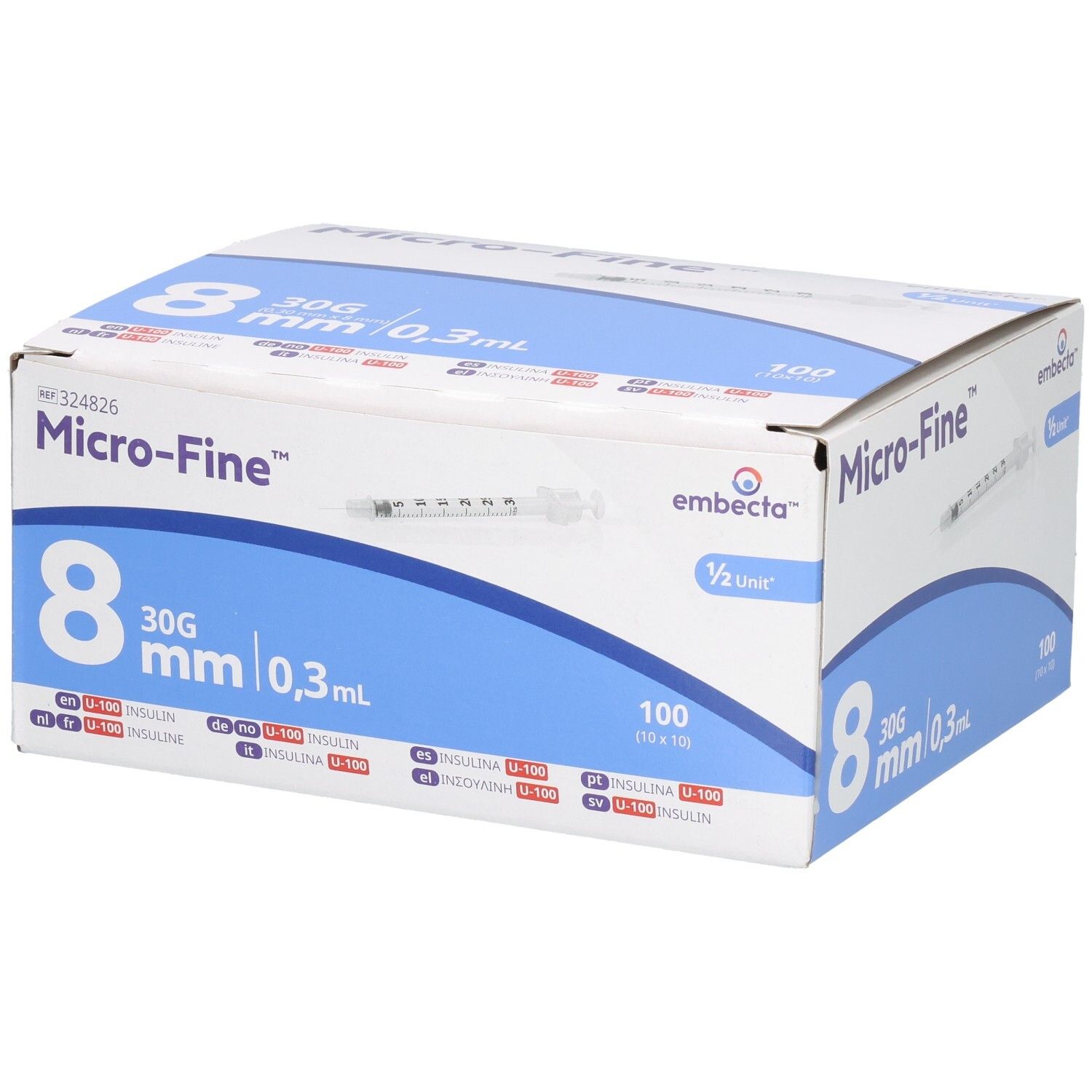 Doos met 100 wegwerpspuiten, 8 mm, 30G, 0,3 ml, merk Micro-Fine.