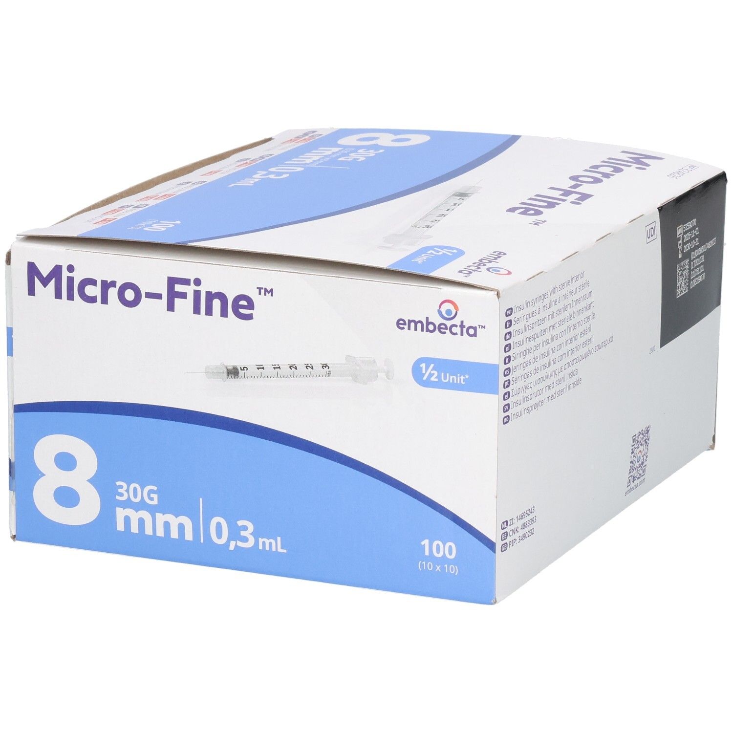 Doos met 100 Micro-Fine spuiten, 8mm, 30G, 0,3ml.