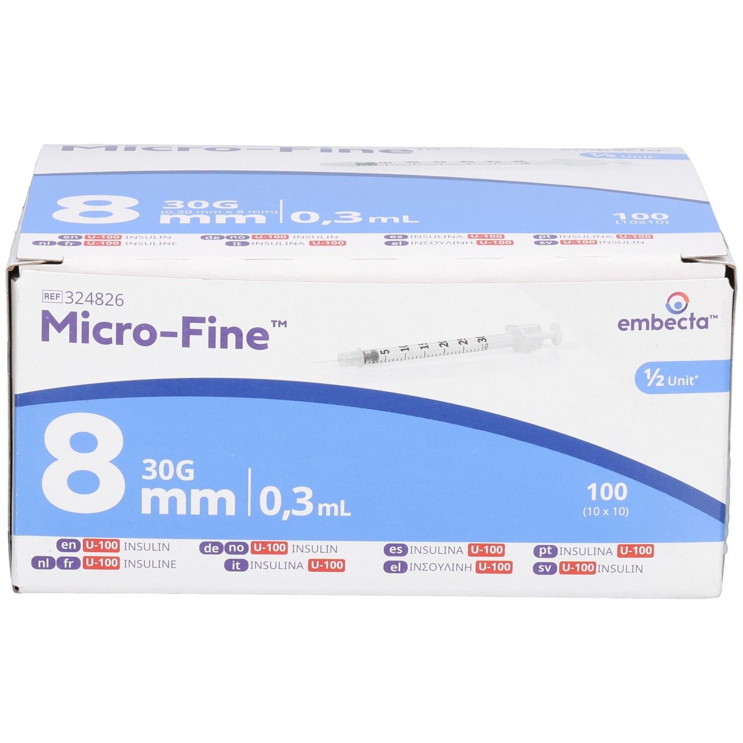 Verpakking van 100 wegwerpspuiten, 8mm, 0,3ml, 30G, voor insuline.
