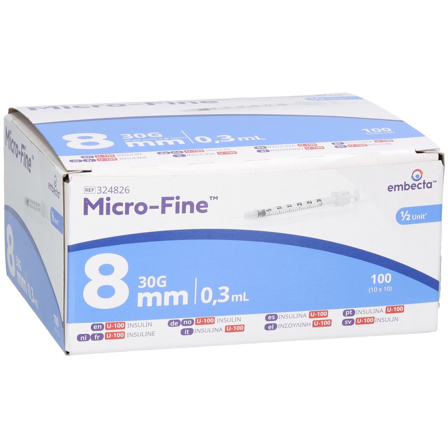 Doos met 100 Embecata Micro-Fine insulinespuiten, 8mm, 30G, 0,3ml.