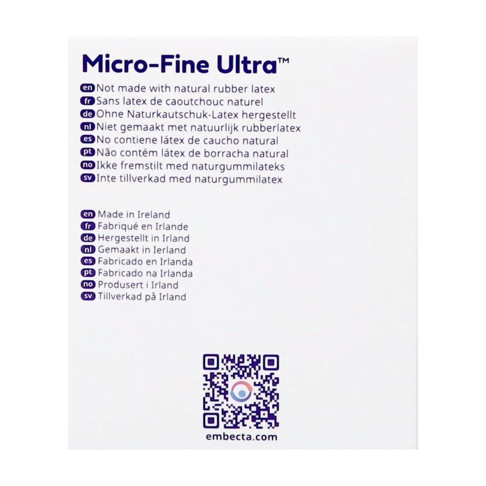 Achterkant van de doos. Bevat geen natuurlijk rubberlatex. Gemaakt in Ierland. QR-code.