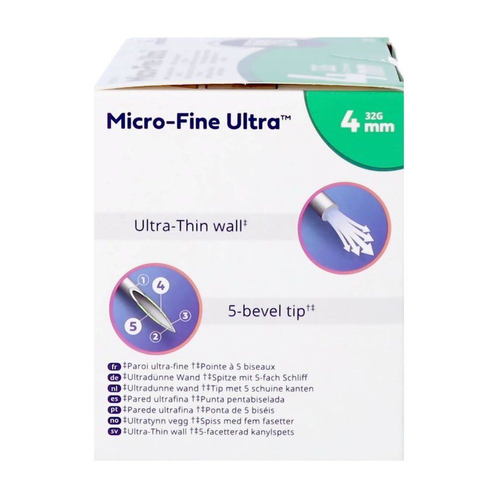 Détail de la pointe de l'aiguille. Paroi ultra-fine et pointe à 5 biseaux. Texte multilingue.