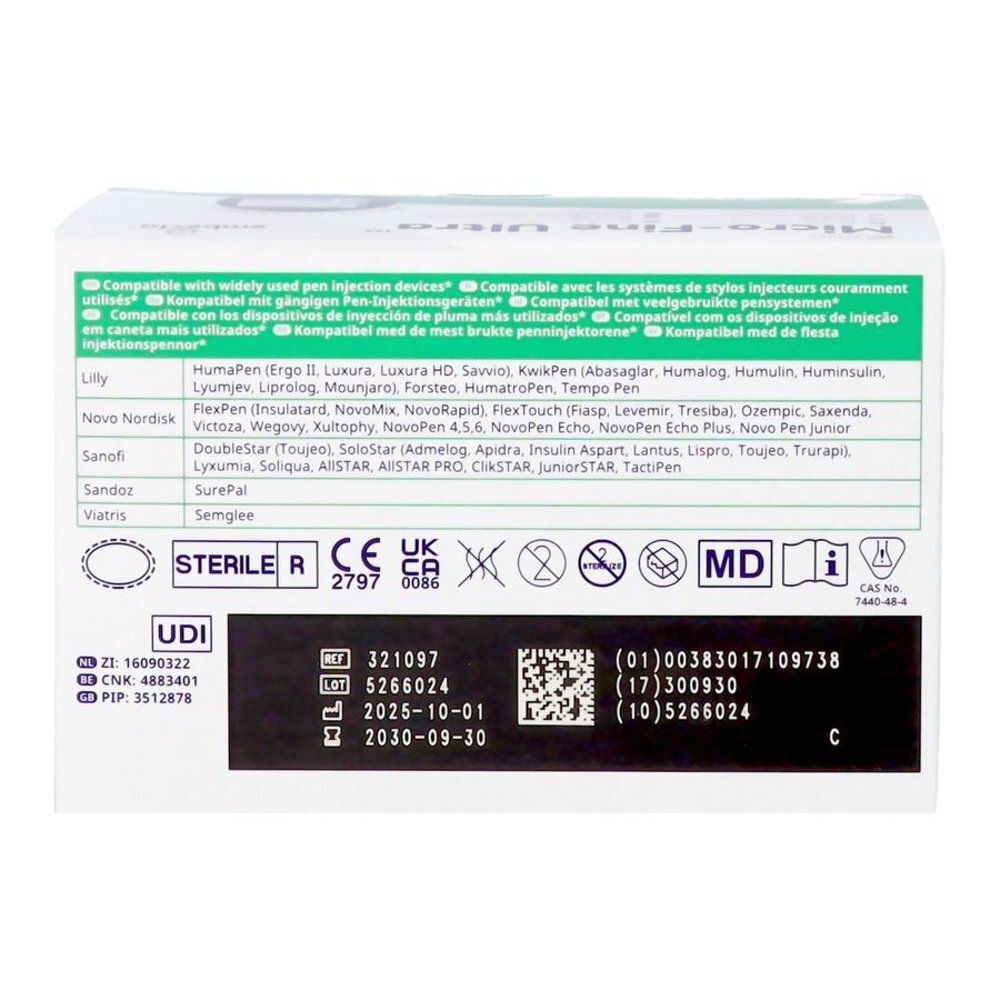 Dos de la boîte. Informations sur les stylos injecteurs compatibles. Marquage stérile.