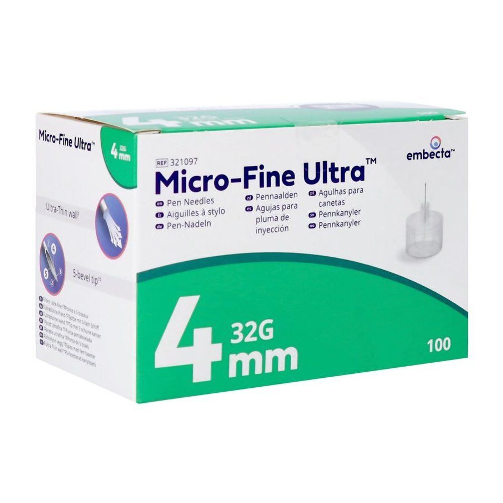 Boîte d'aiguilles Micro-Fine Ultra. 4 mm, 32G. Contient 100 unités. Marque Embecta.