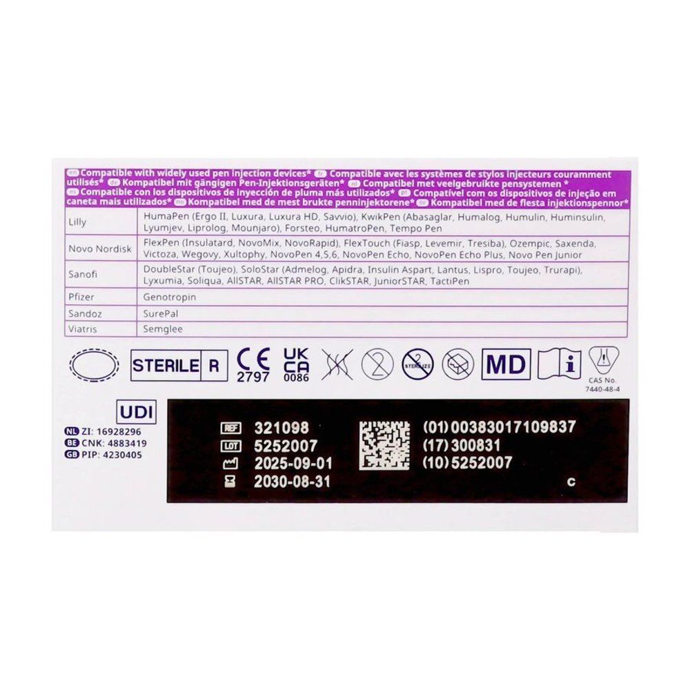 Achterkant verpakking met tekst: Niet met natuurrubberlatex. QR-code en logo Embecta™.