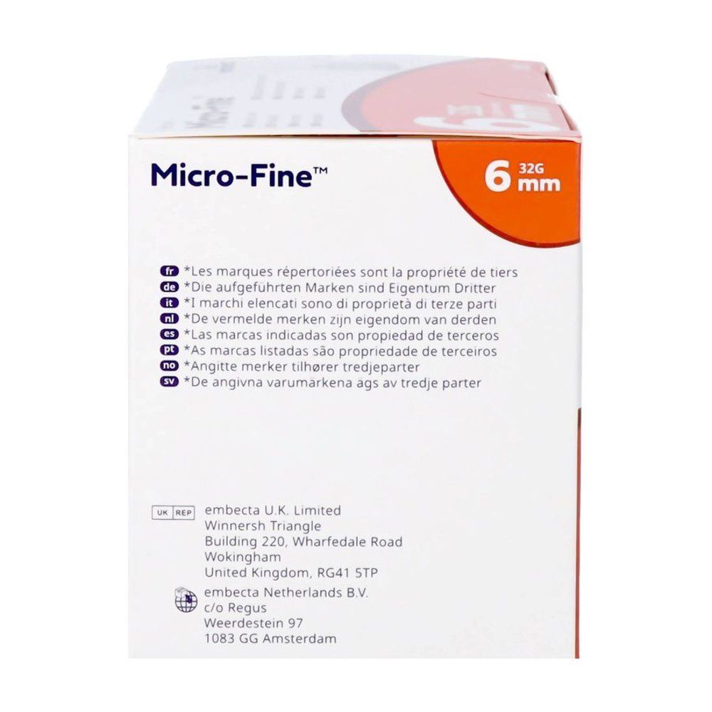Achterkant van de Micro-Fine verpakking. Tekst: De merken zijn eigendom van derden. Adres Embecta U.K. Limited.