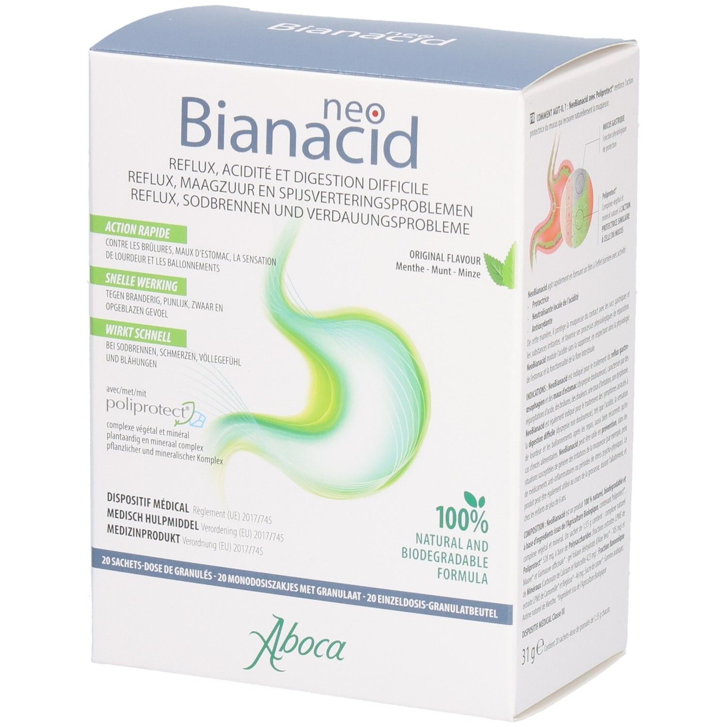 Boîte de Neo Bianacid. Inscription : Reflux, acidité et digestion difficile. Contient 20 sachets. Logo Aboca.