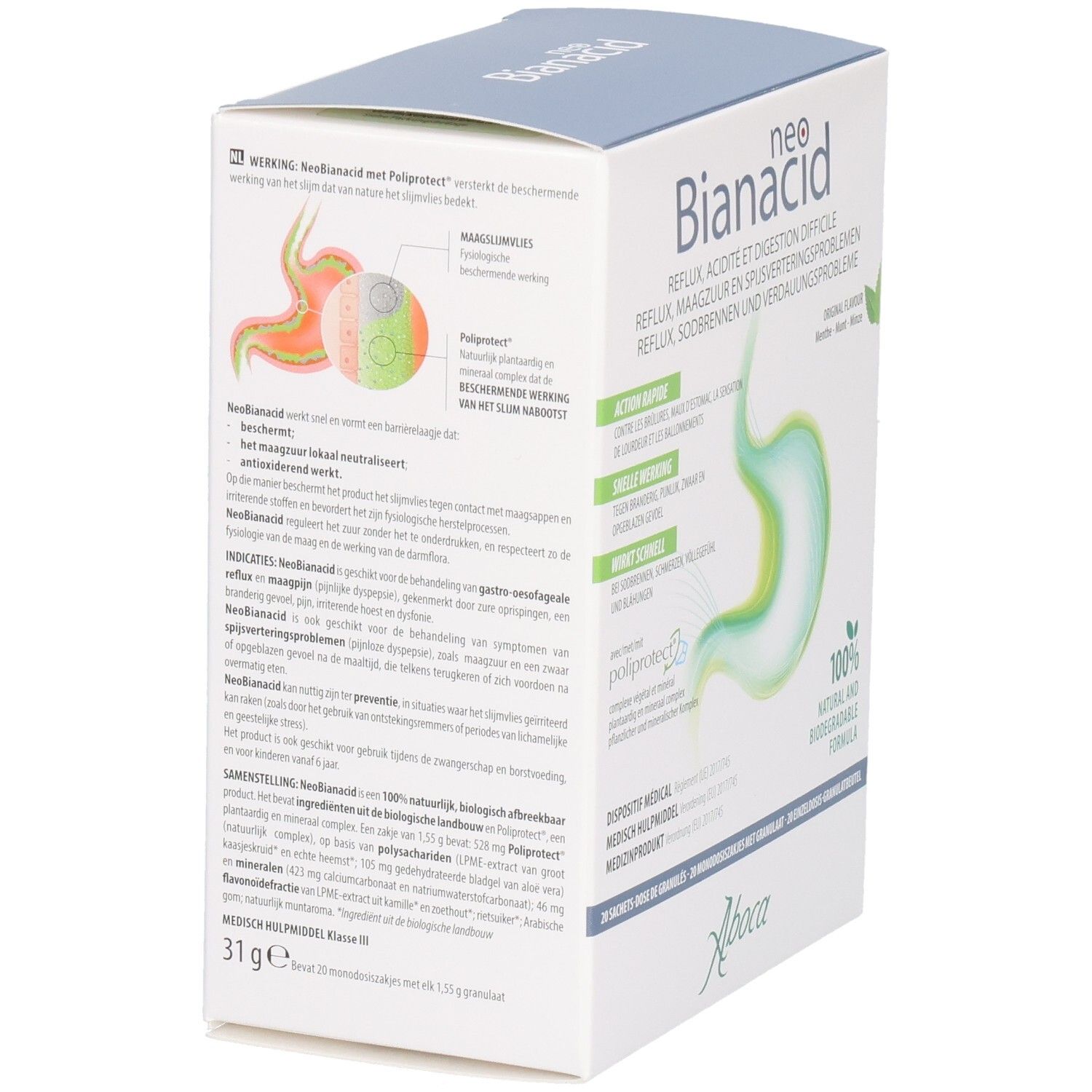 Vue en biais de la boîte Neo Bianacid. Texte : Reflux, acidité et digestion difficile. Logo Aboca. 31g. Dispositif médical.