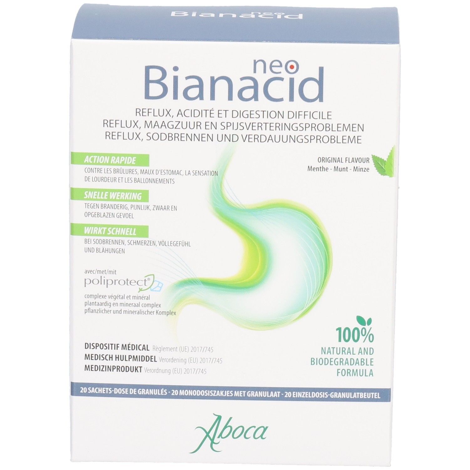 Boîte de Neo Bianacid. Inscription : Reflux, acidité et digestion difficile. Contient 20 sachets. Logo Aboca.