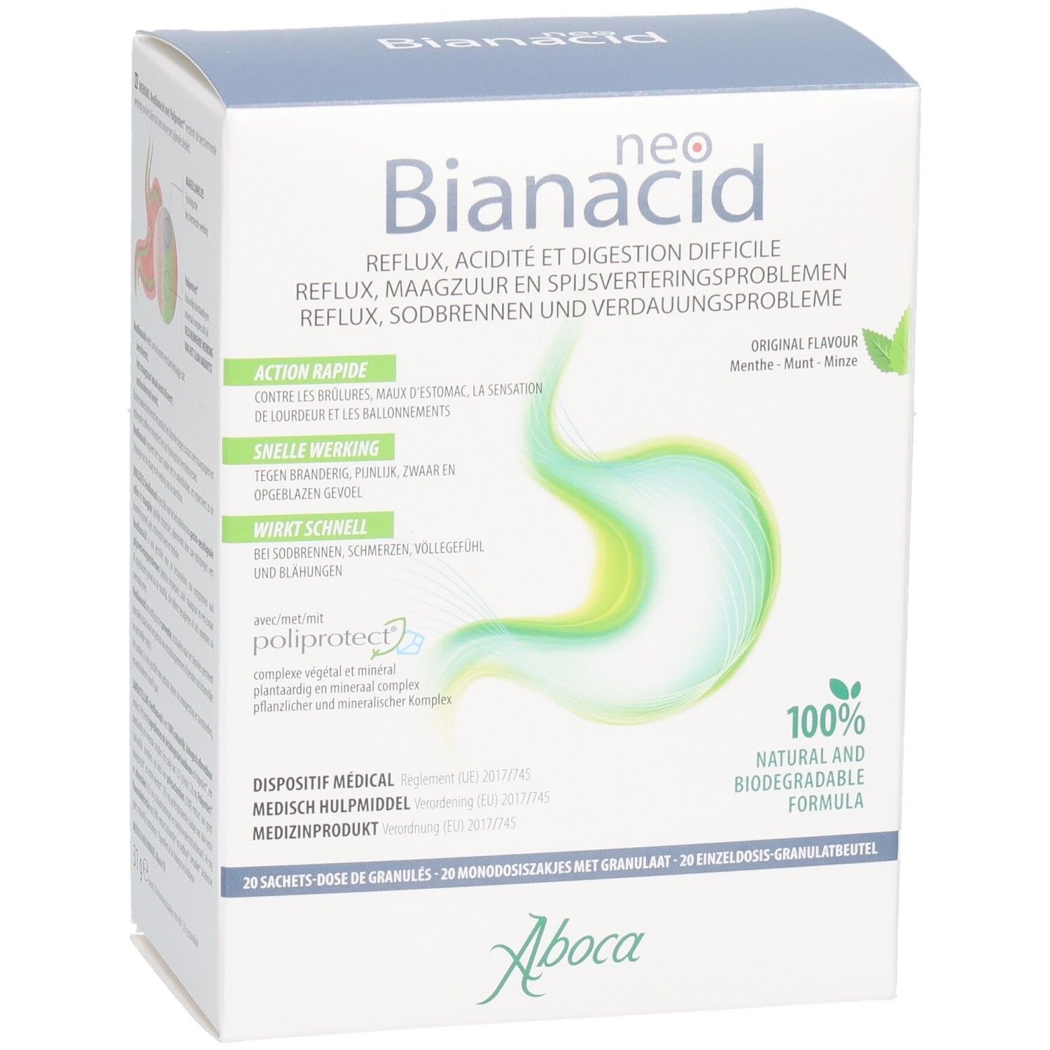Boîte de Neo Bianacid. Inscription : Reflux, acidité et digestion difficile. Contient 20 sachets. Logo Aboca.