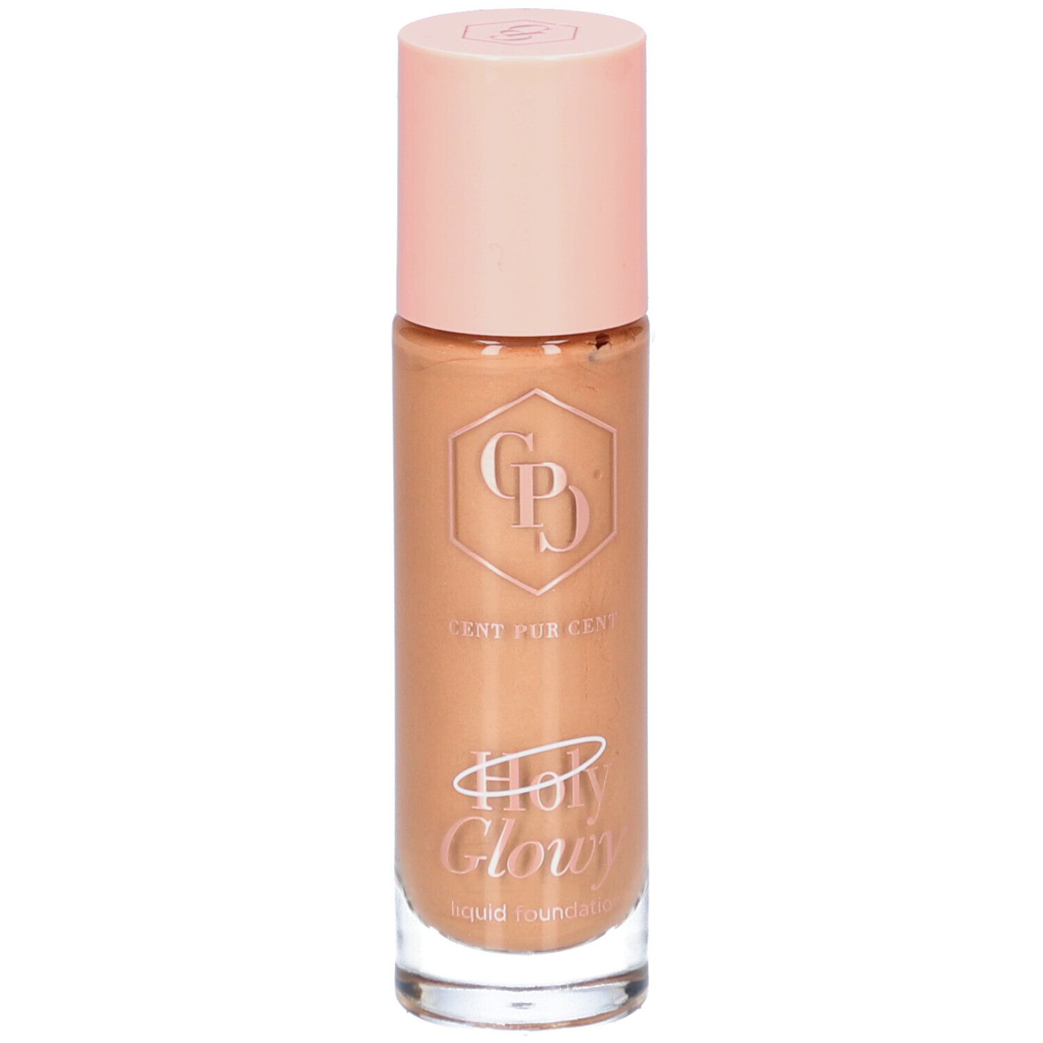 Vloeibare foundation in glazen fles met roze dop. Opschrift: Holy Glowy, Cent Pur Cent.