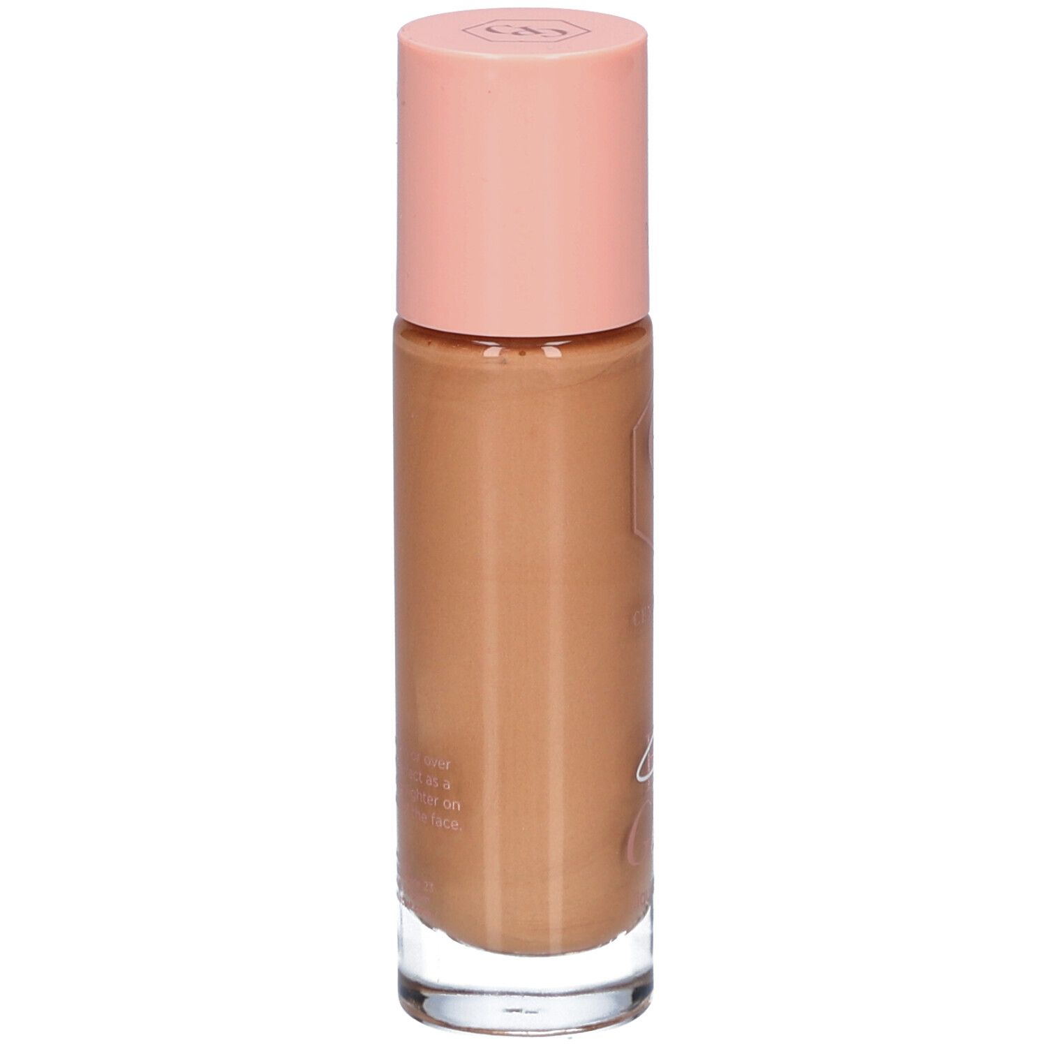 Vloeibare foundation in glazen fles met roze dop. Tint: Medium.