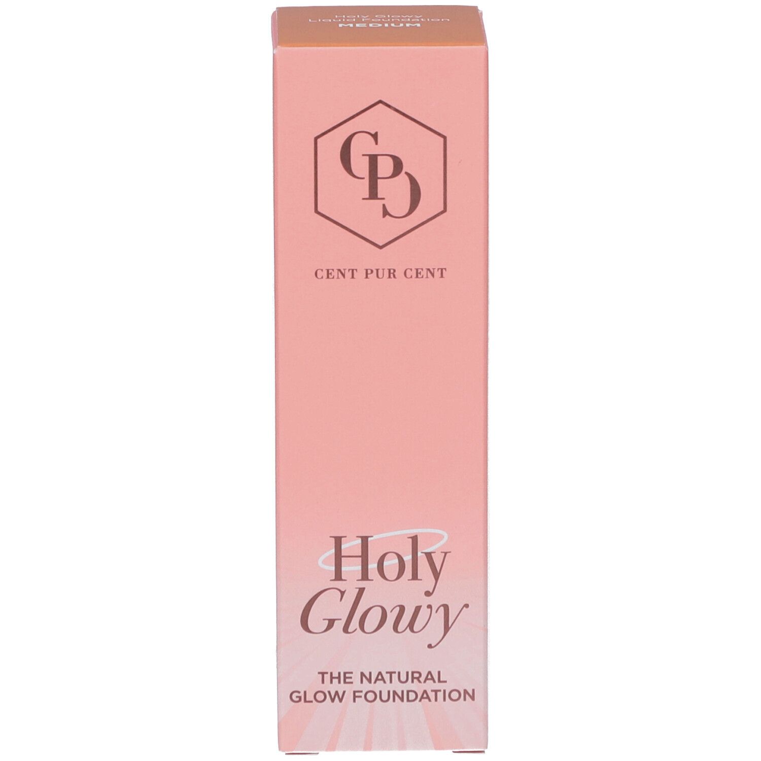 Verpakking van de foundation. Opschrift: Holy Glowy, Cent Pur Cent, The Natural Glow Foundation.