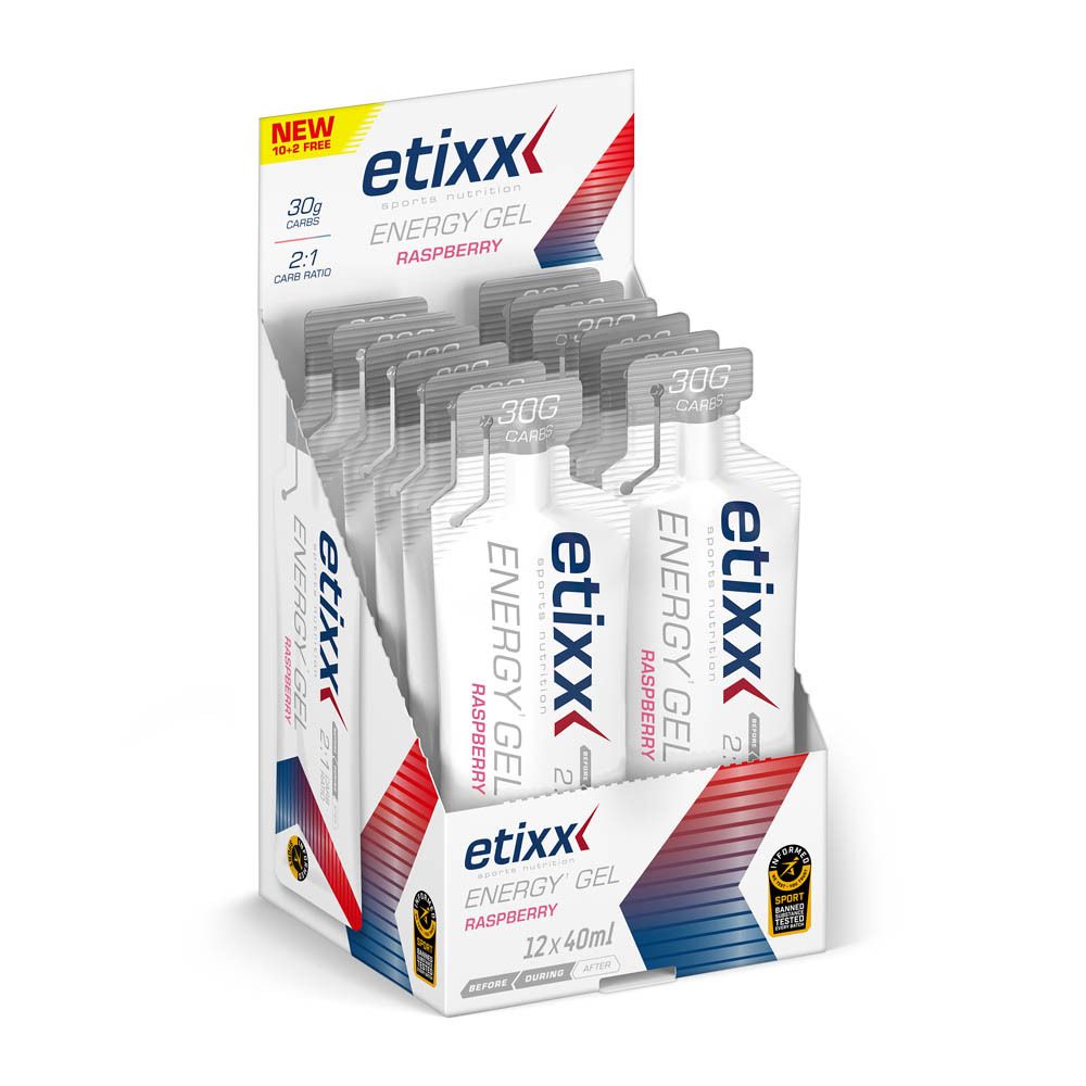 Etixx Energy Gel Framboos display. Bevat gelzakjes. Met opschrift "12 x 40ml".
