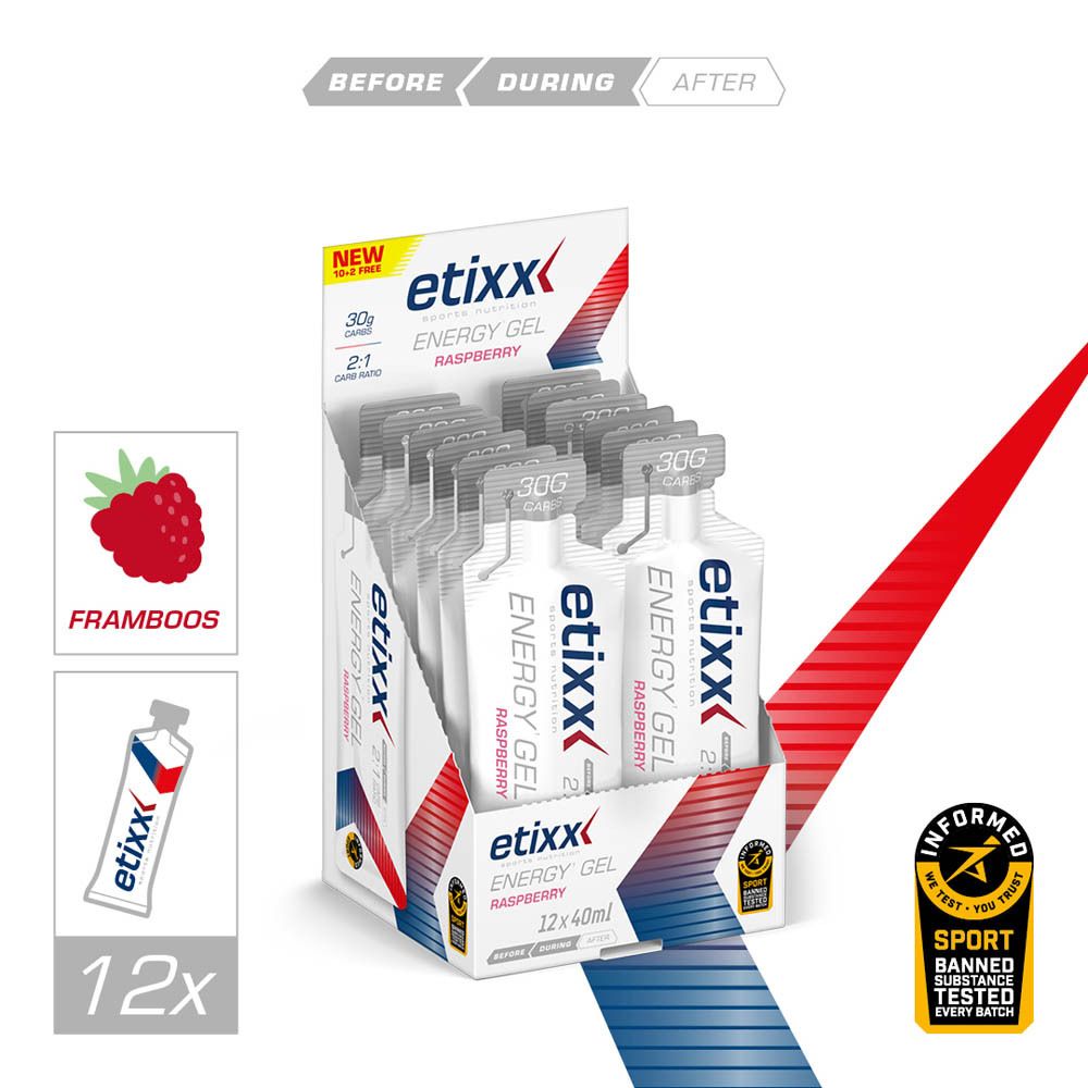 Etixx Energy Gel Framboos. Display met gelzakjes. Met opschrift "12x" en framboos illustratie.