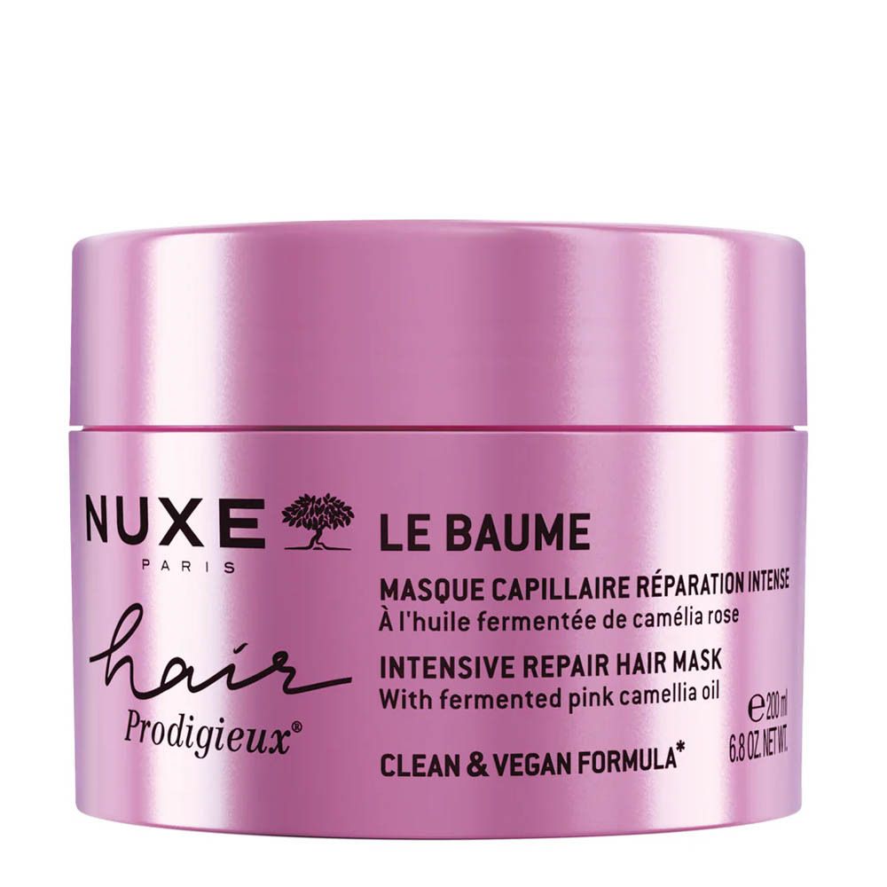 Roze pot met deksel. Opschrift: Nuxe Paris, Hair Prodigieux. Tekst: Le Baume, Masque Capillaire, Intensive Repair Hair Mask, 200 ml.