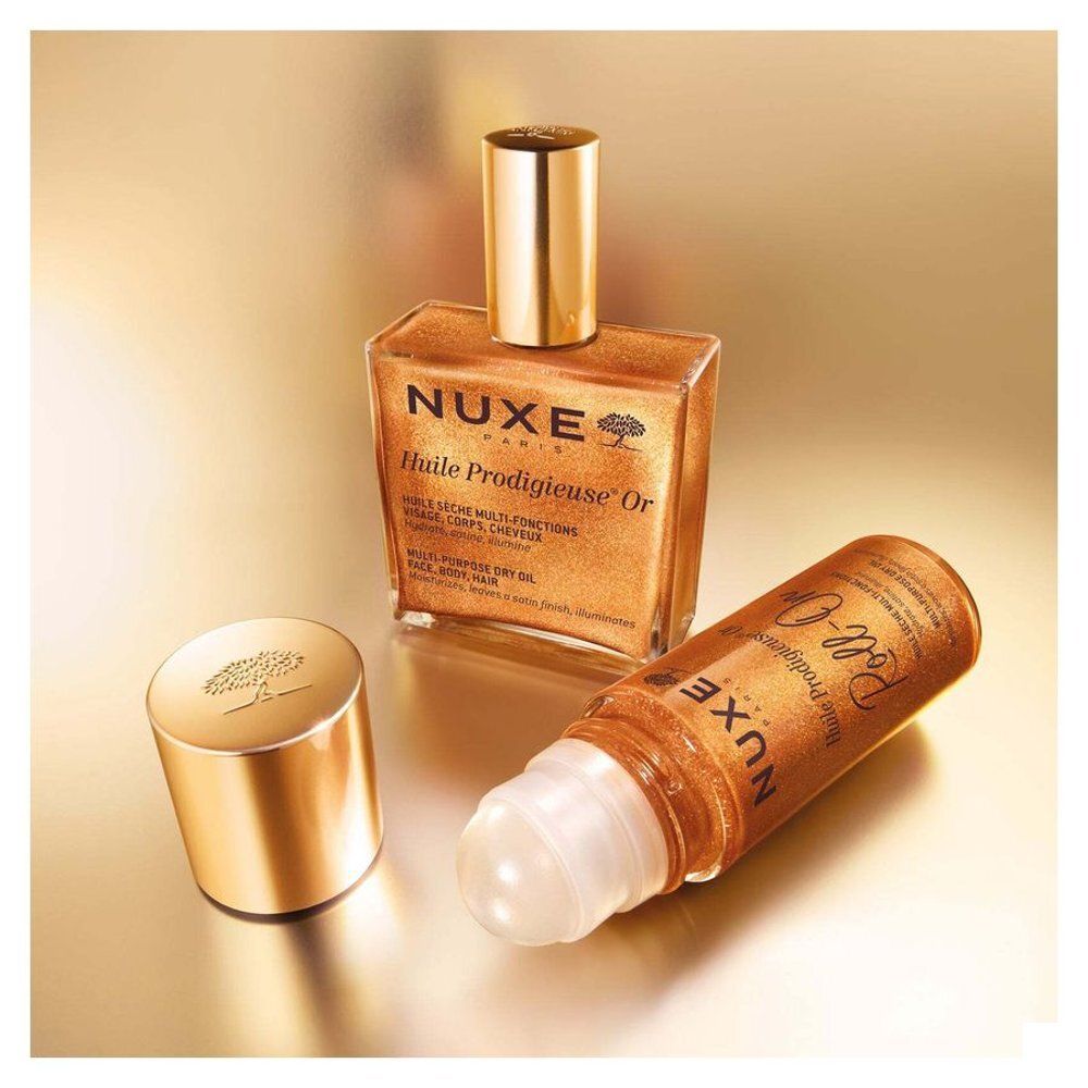 Nuxe Huile Prodigieuse Or Roll-On, achterkant met meertalige details.