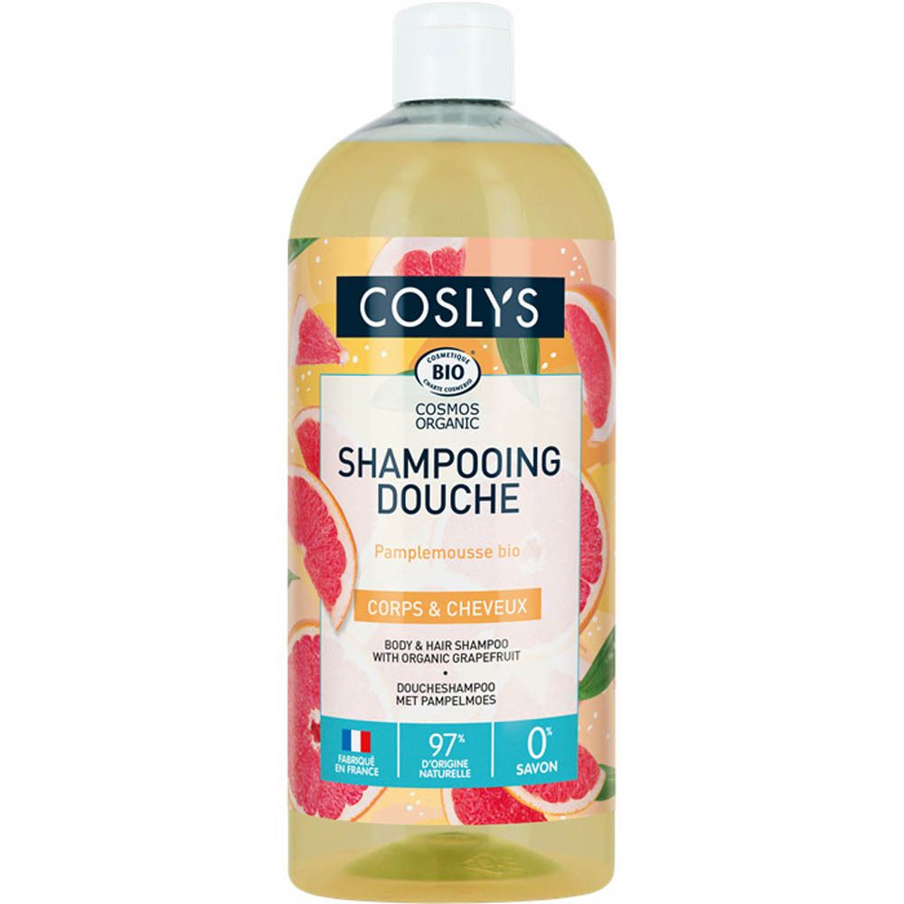 Doucheshampoo fles. Grapefruit ontwerp. Opschrift "COSLYS". Witte dop.