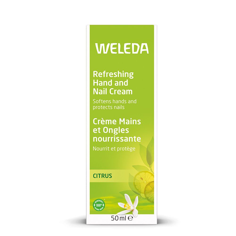 Crème Mains et Ongles Weleda Citrus en boîte. Emballage vert avec nom du produit et logo.
