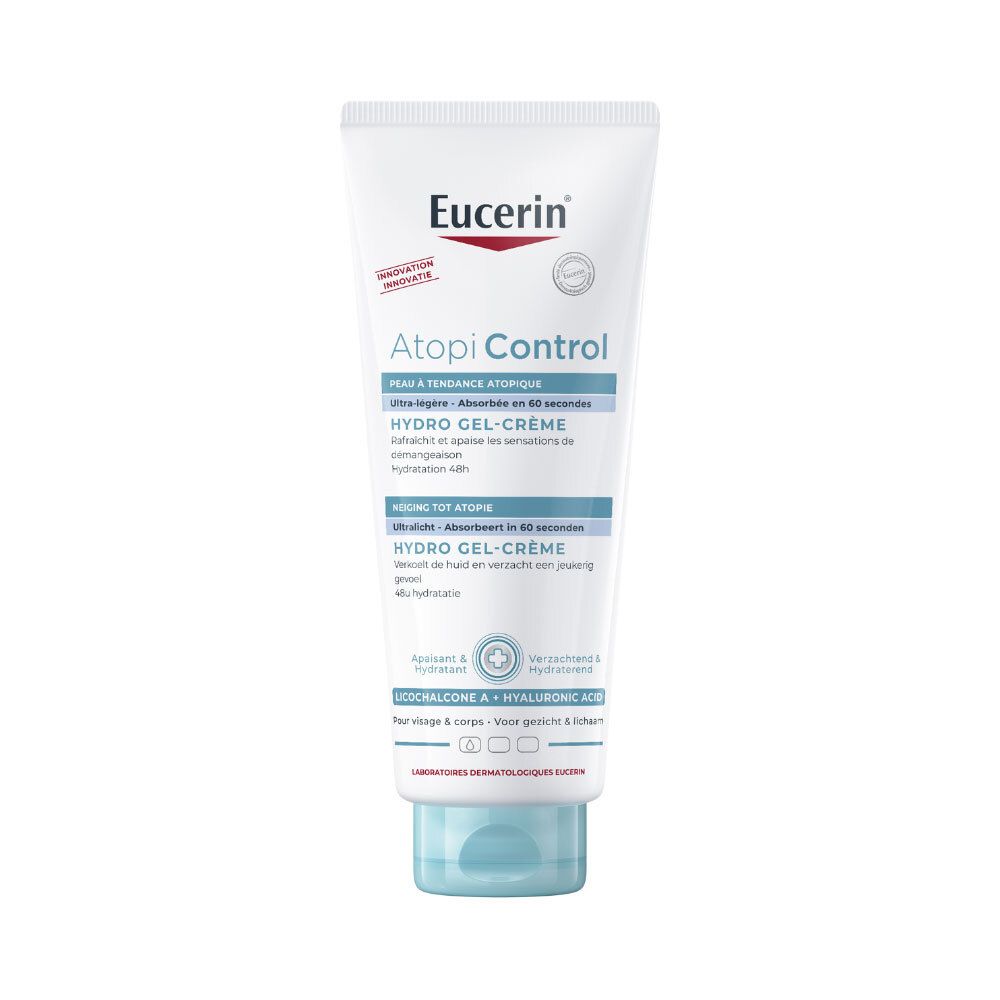 Tube de Eucerin AtopiControl Hydro Gel-Crème. Blanc, texte bleu. Contient de l'acide hyaluronique et du Licochalcone A.