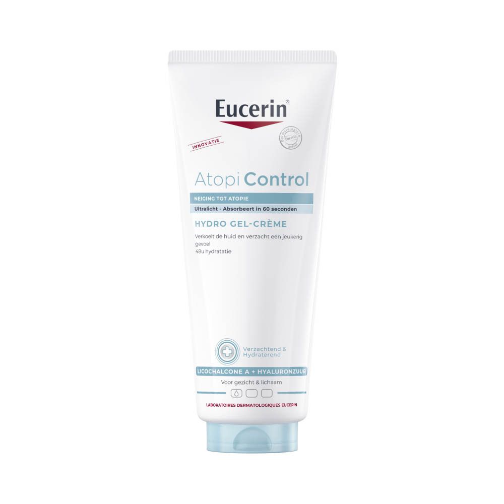 Eucerin AtopiControl Hydro Gel-Crème tube. Wit, blauwe tekst. Bevat hyaluronzuur en Licochalcone A.