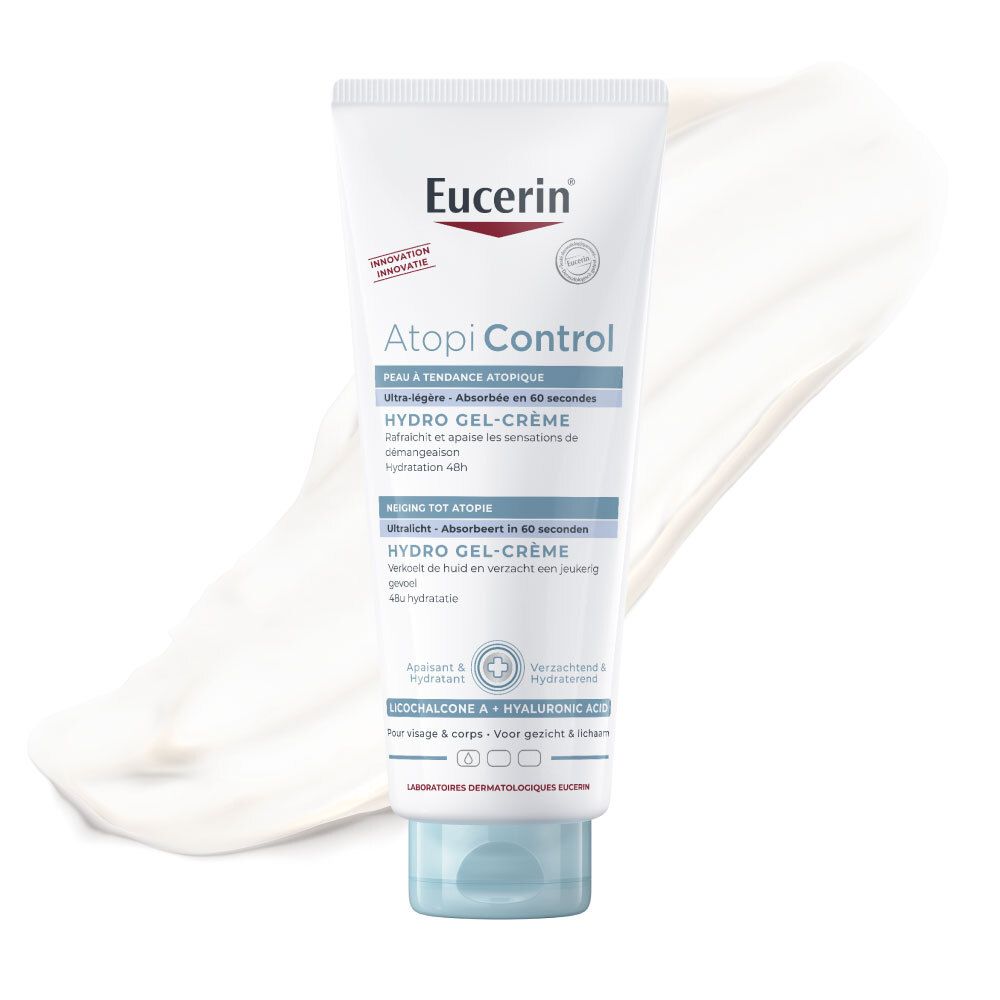 Tube de Eucerin AtopiControl Hydro Gel-Crème. Blanc, texte bleu. Contient de l'acide hyaluronique et du Licochalcone A.